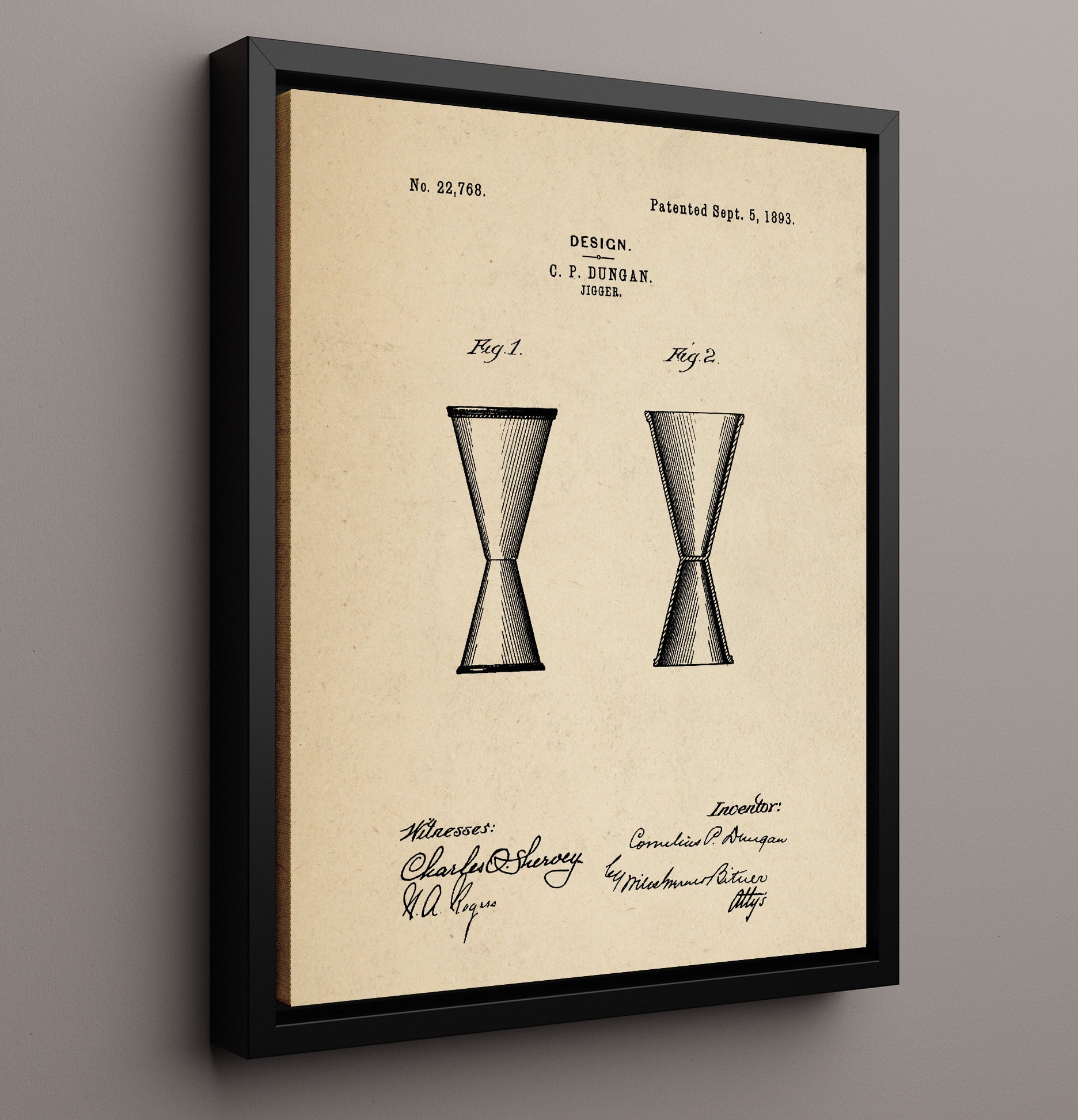 Patent Print - Jigger - C.P. Dungan - 1893 - Patent D22768 Patent Wall Art