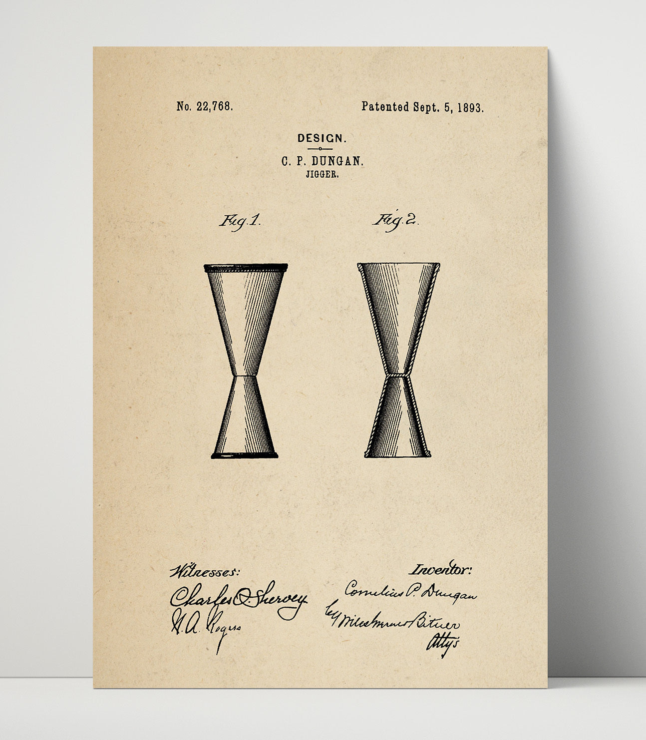 Patent Print - Jigger - C.P. Dungan - 1893 - Patent D22768 Patent Wall Art
