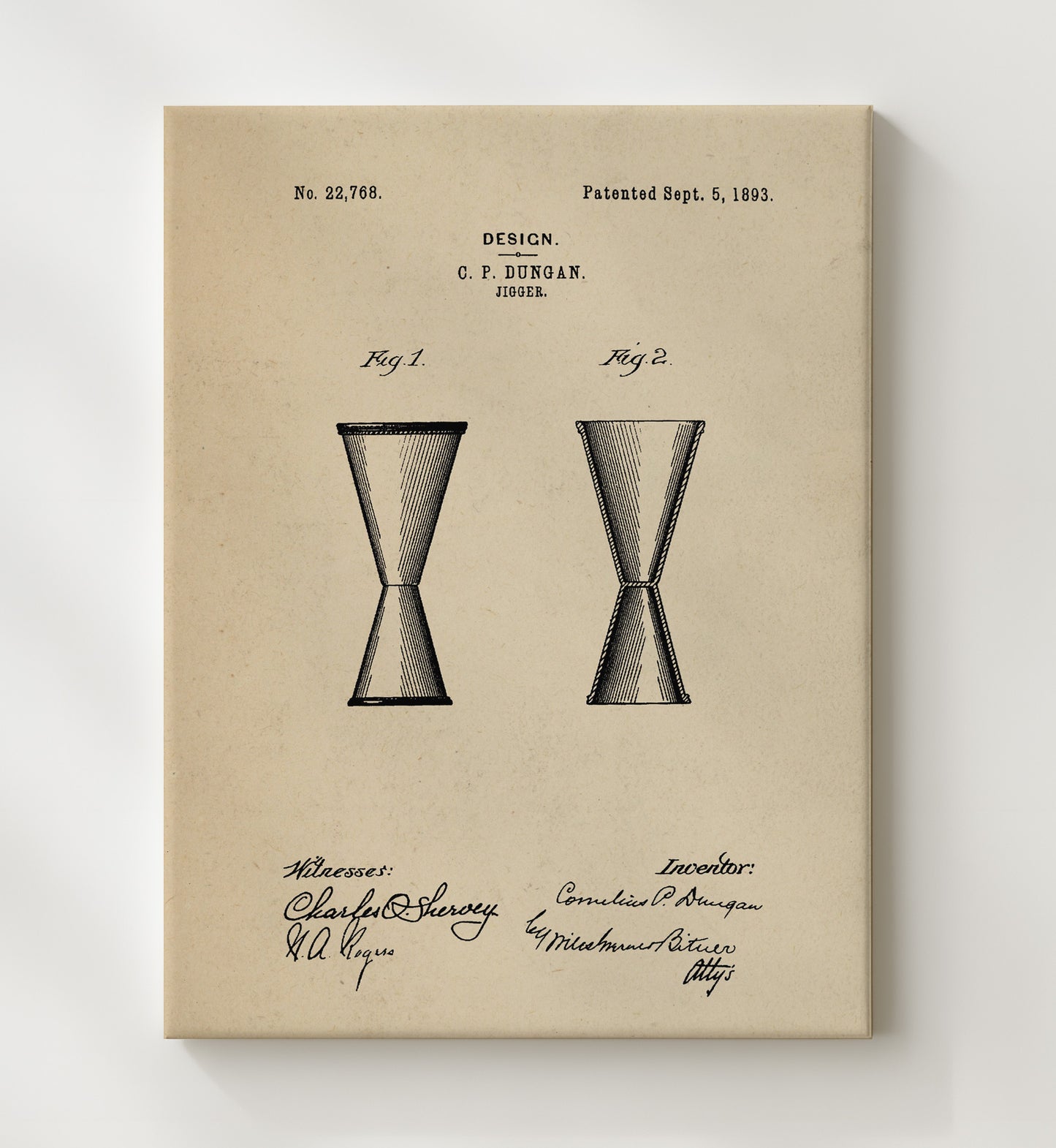 Patent Print - Jigger - C.P. Dungan - 1893 - Patent D22768 Patent Wall Art
