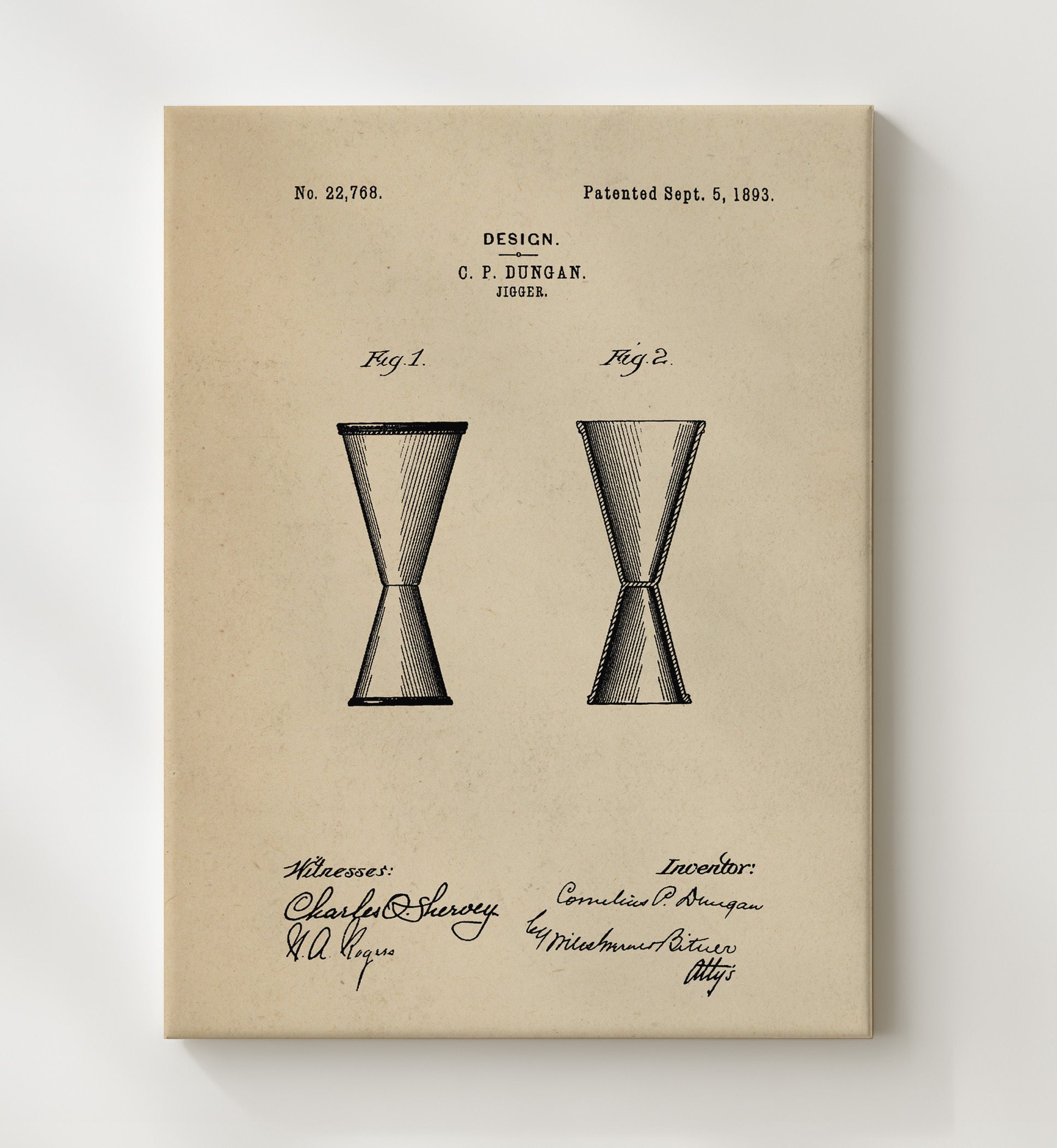 Patent Print - Jigger - C.P. Dungan - 1893 - Patent D22768 Patent Wall Art