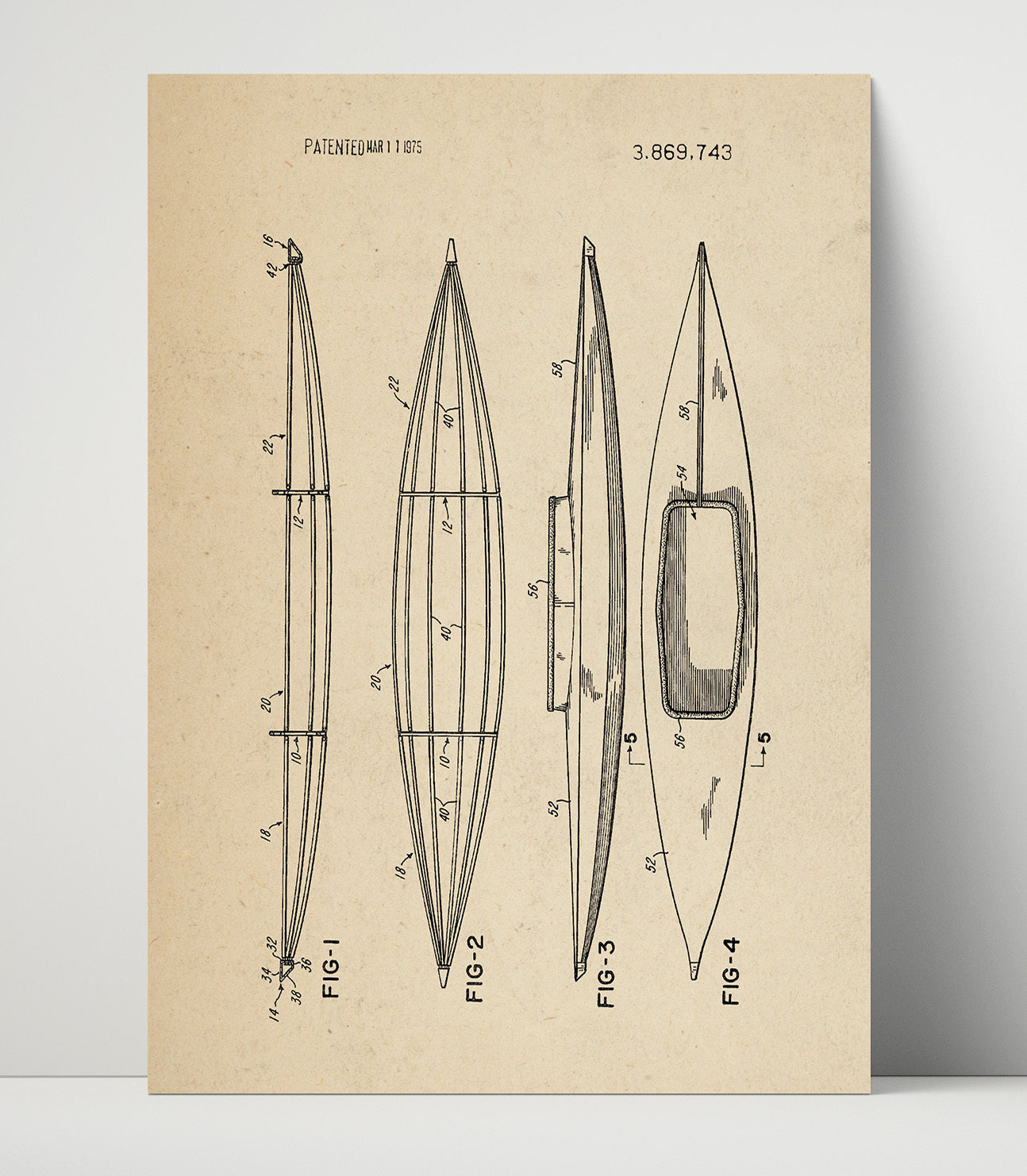 Patent Print - Kayak Hull - Unknown Inventor - 1975 - Patent 3869743 Patent Wall Art