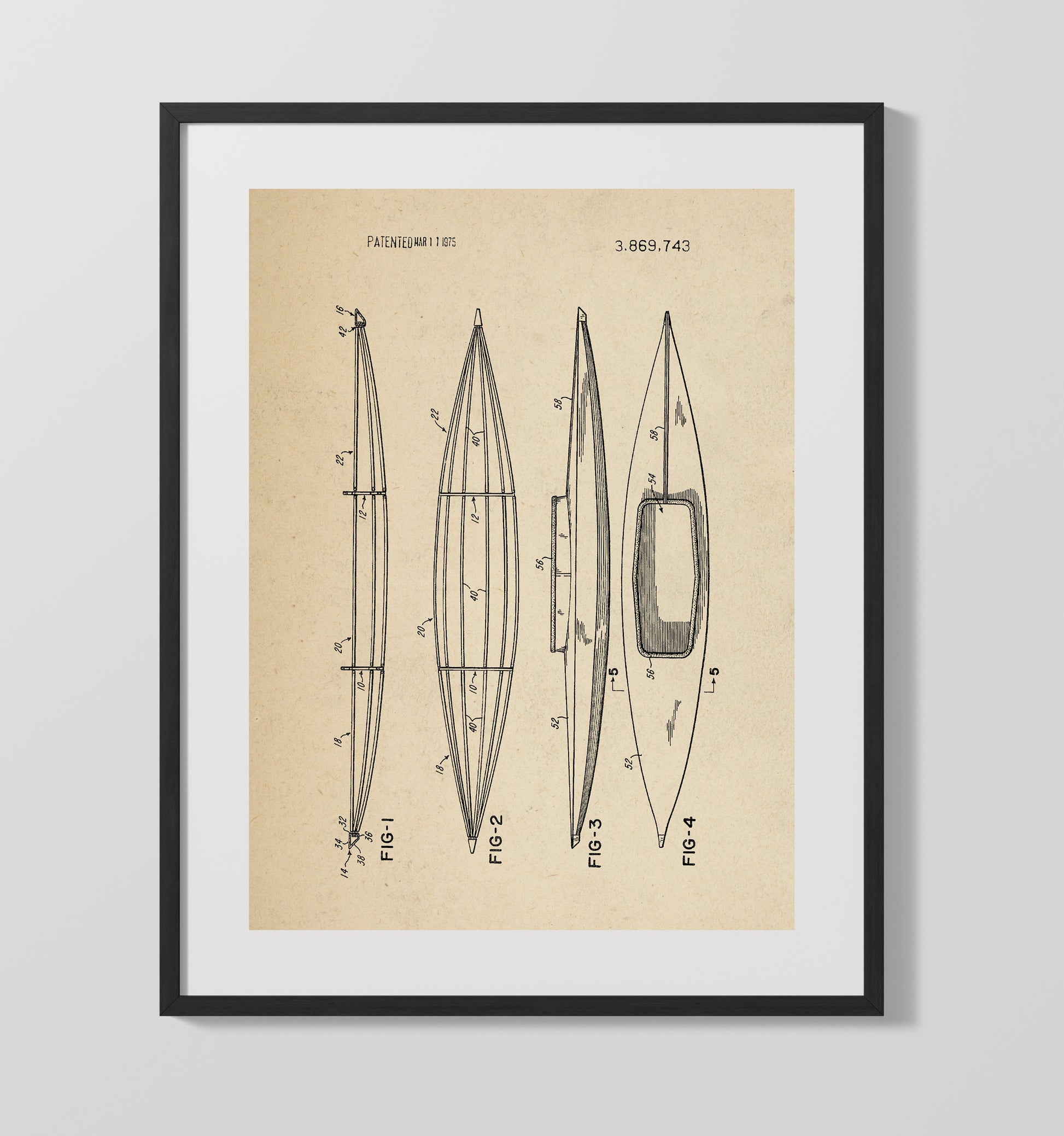 Patent Print - Kayak Hull - Unknown Inventor - 1975 - Patent 3869743 Patent Wall Art