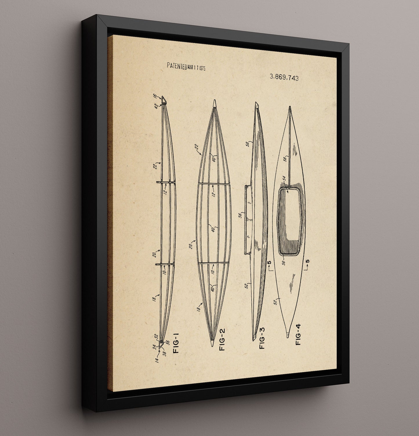 Patent Print - Kayak Hull - Unknown Inventor - 1975 - Patent 3869743 Patent Wall Art