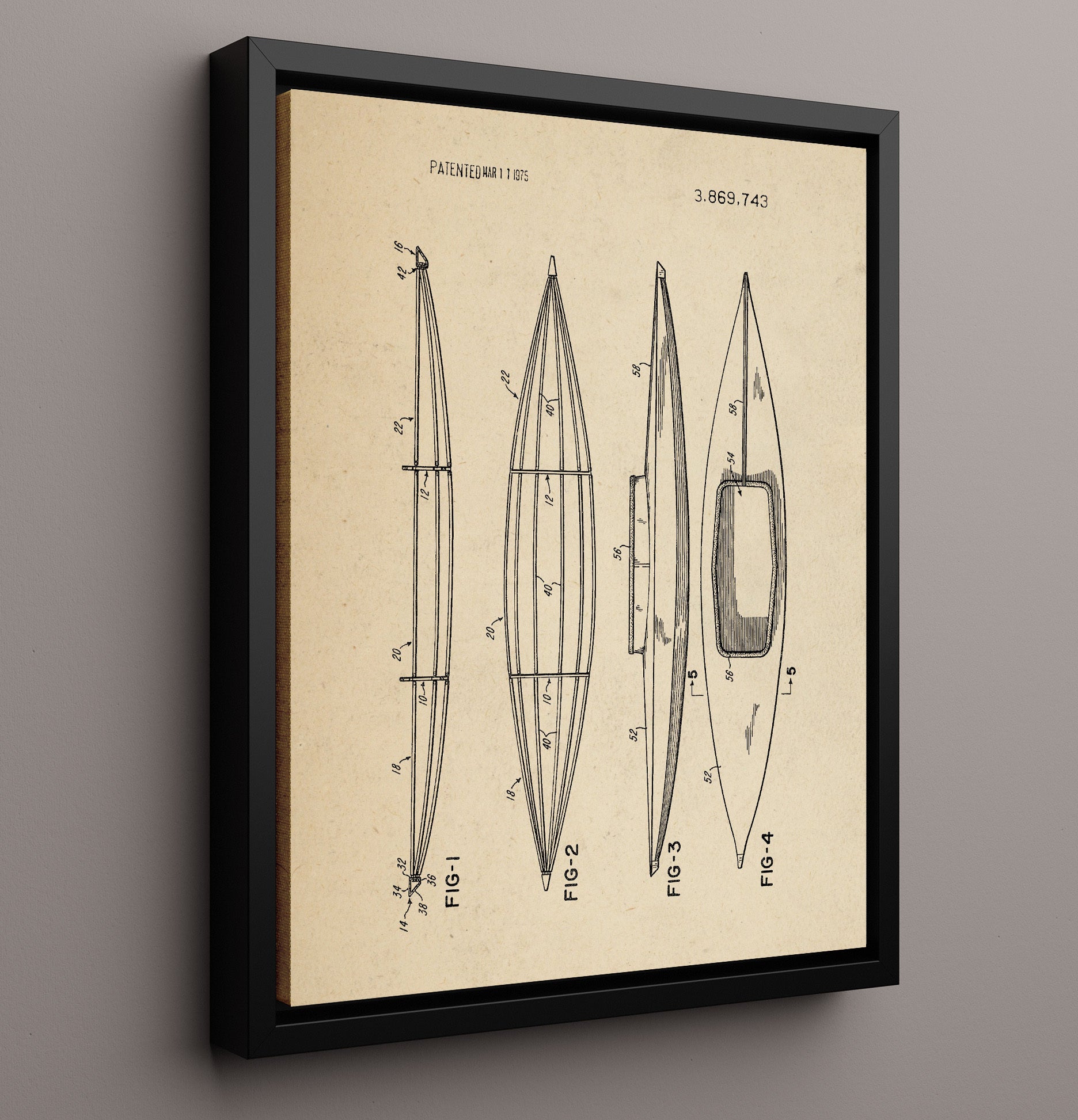 Patent Print - Kayak Hull - Unknown Inventor - 1975 - Patent 3869743 Patent Wall Art
