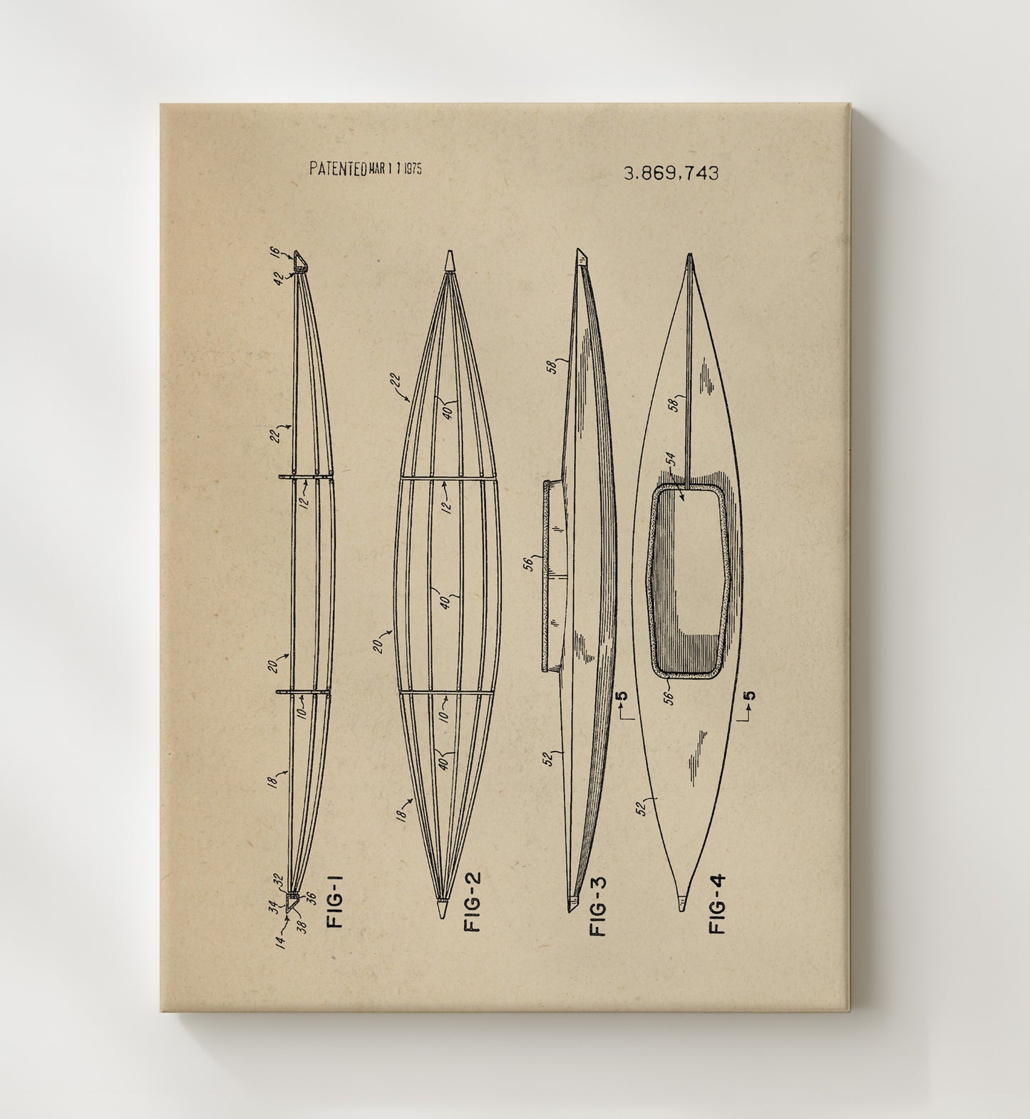 Patent Print - Kayak Hull - Unknown Inventor - 1975 - Patent 3869743 Patent Wall Art