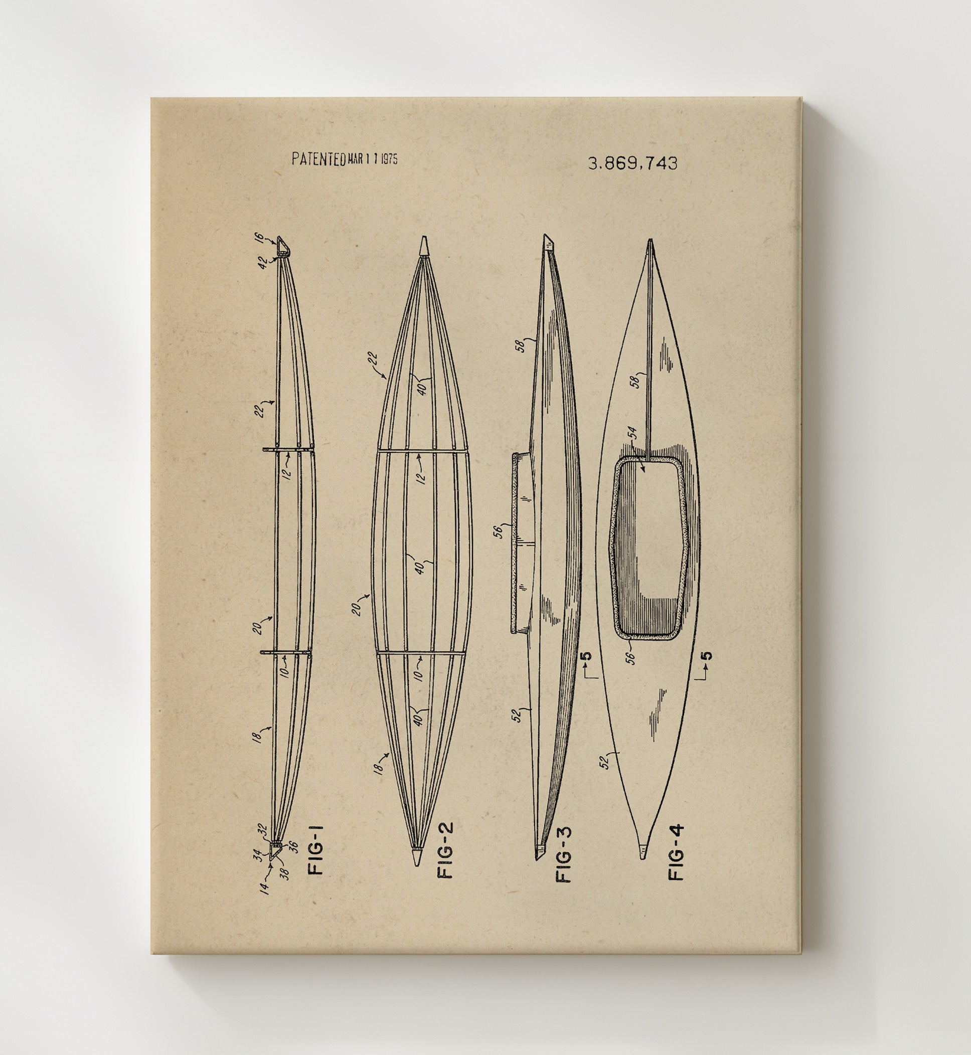 Patent Print - Kayak Hull - Unknown Inventor - 1975 - Patent 3869743 Patent Wall Art
