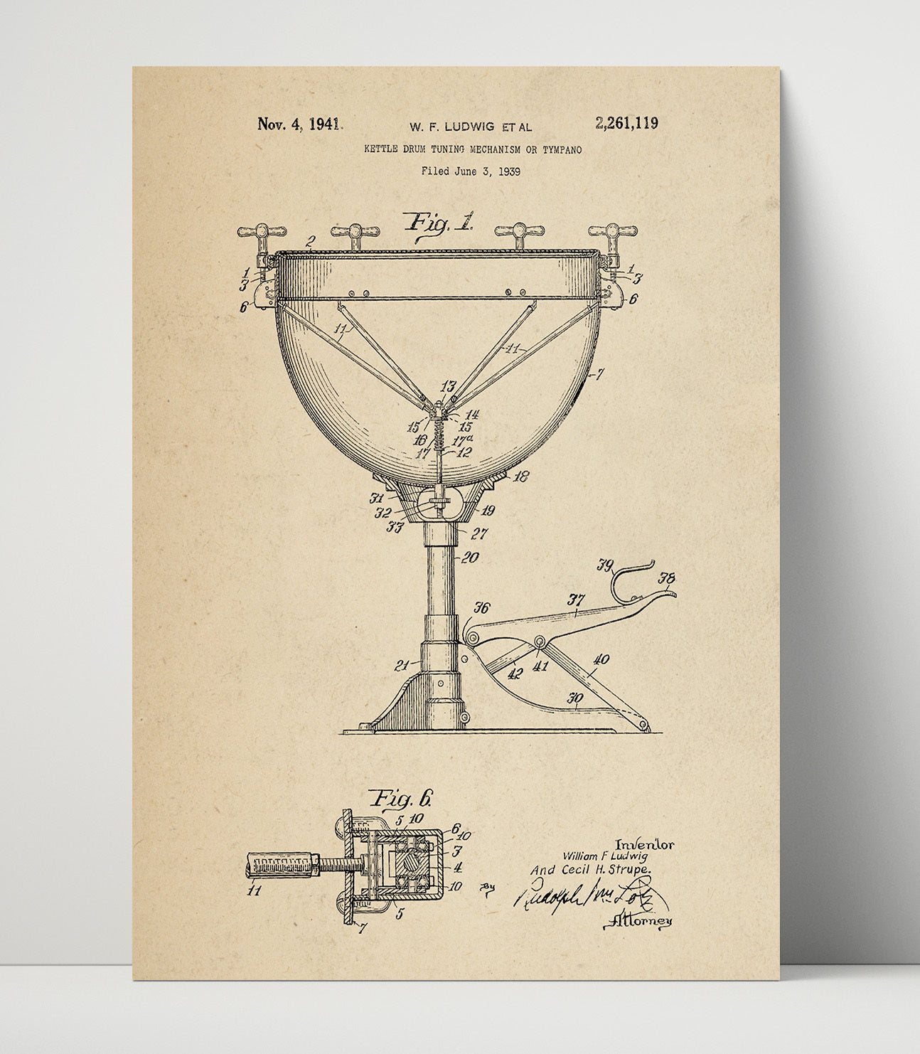 Patent Print - Kettle Drum Tuning Mechanism Or Tympano - W. F. Ludwig - 1941 - Patent 2261119 Patent Wall Art