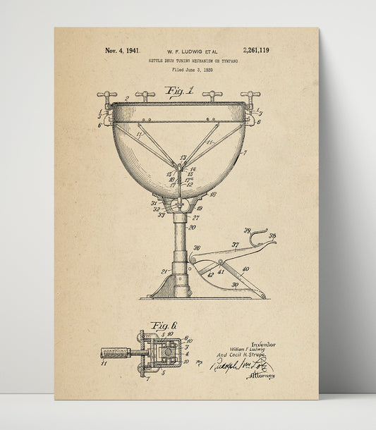 Kettle Drum Tuning Mechanism Or Tympano - 1941 Patent - 16x20 Unframed Print