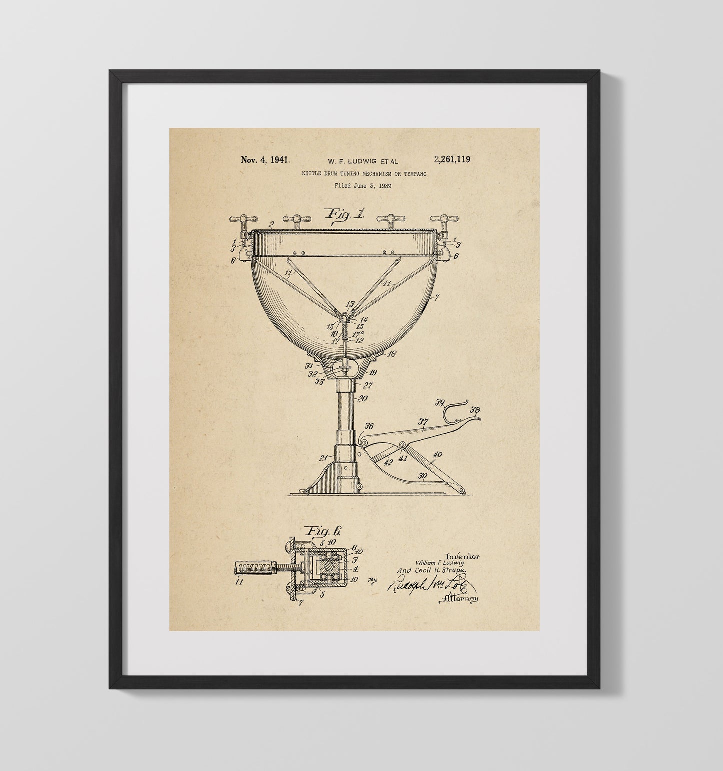 Patent Print - Kettle Drum Tuning Mechanism Or Tympano - W. F. Ludwig - 1941 - Patent 2261119 Patent Wall Art