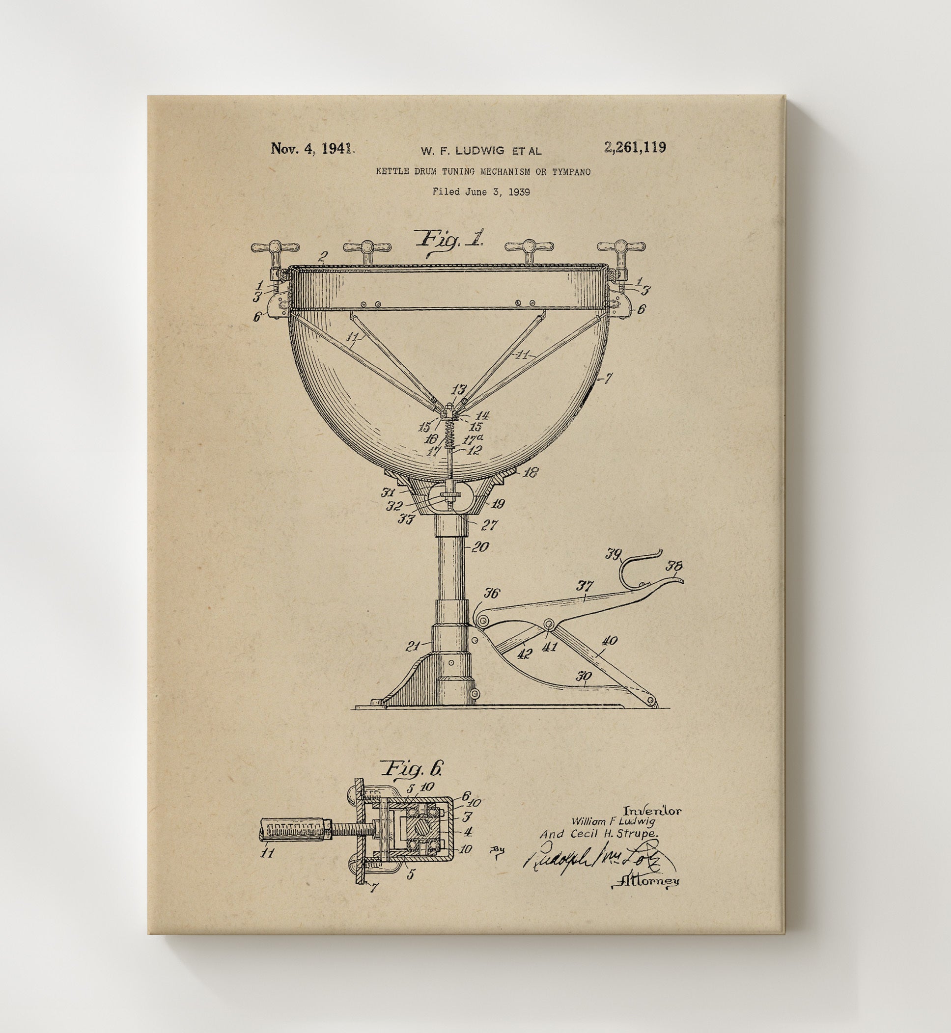 Patent Print - Kettle Drum Tuning Mechanism Or Tympano - W. F. Ludwig - 1941 - Patent 2261119 Patent Wall Art