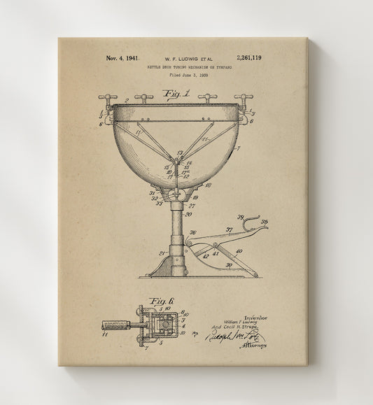 Kettle Drum Tuning Mechanism Or Tympano 1941 patent print wall art 8x10 Canvas