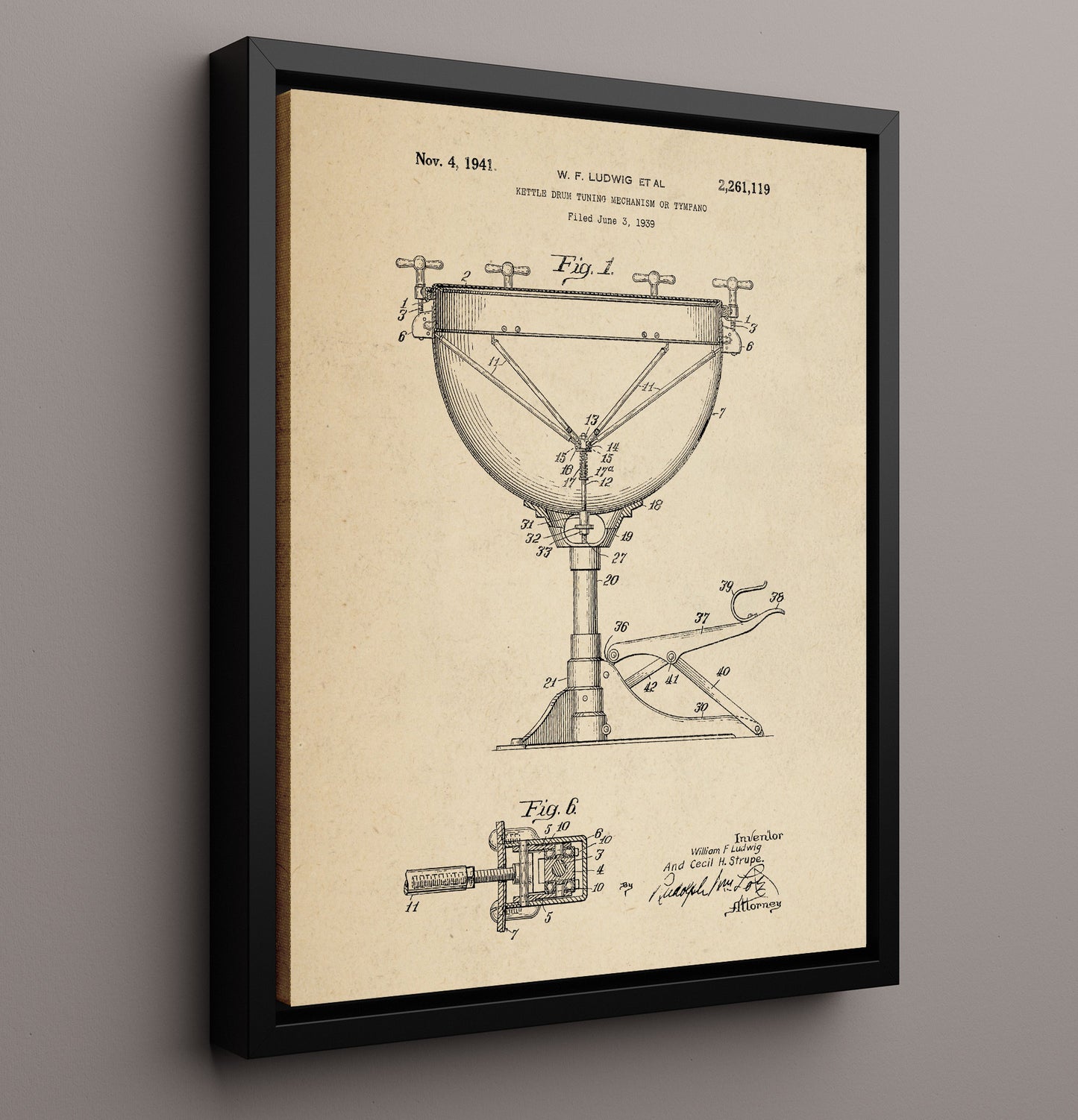 Patent Print - Kettle Drum Tuning Mechanism Or Tympano - W. F. Ludwig - 1941 - Patent 2261119 Patent Wall Art
