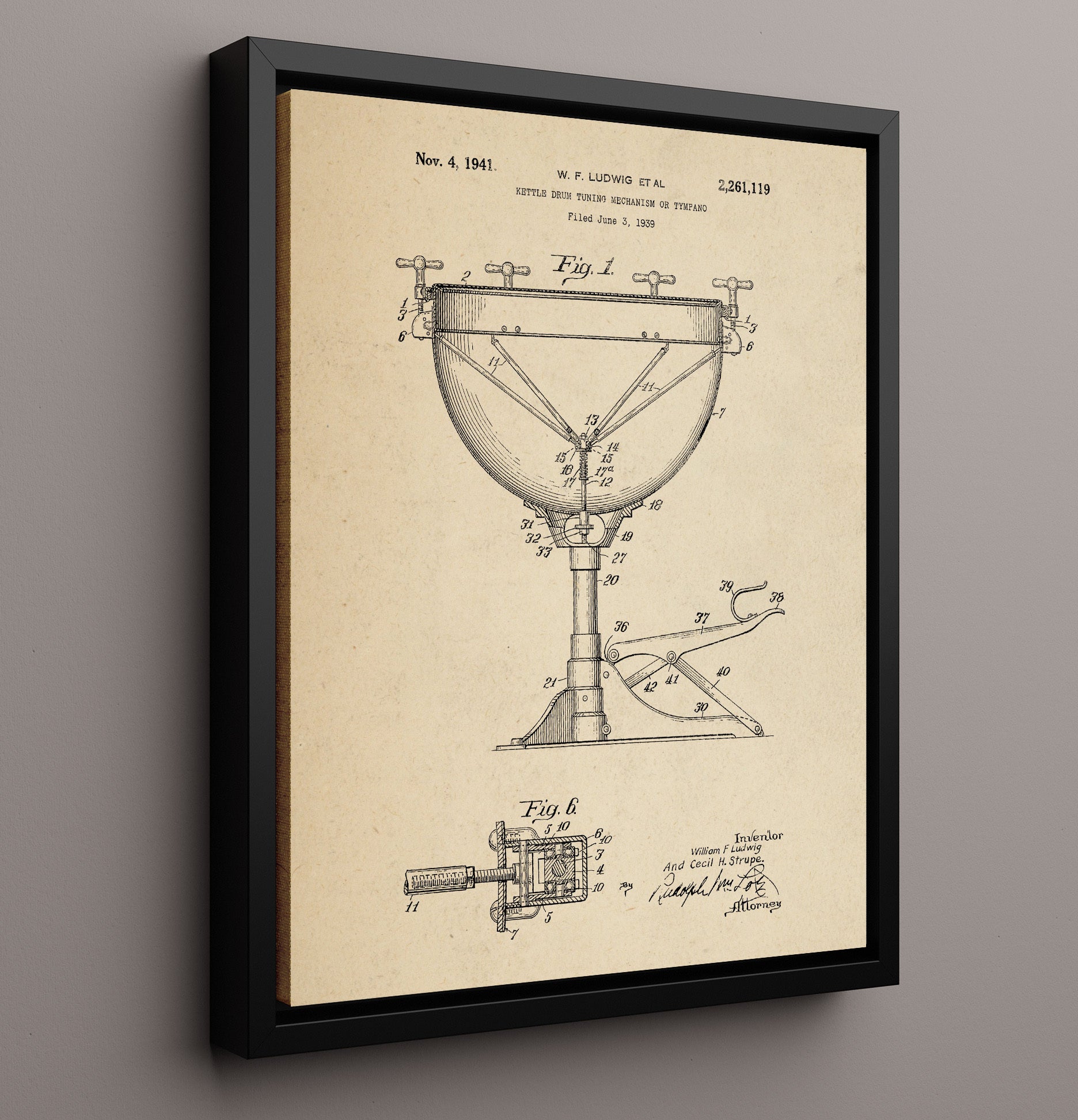 Patent Print - Kettle Drum Tuning Mechanism Or Tympano - W. F. Ludwig - 1941 - Patent 2261119 Patent Wall Art