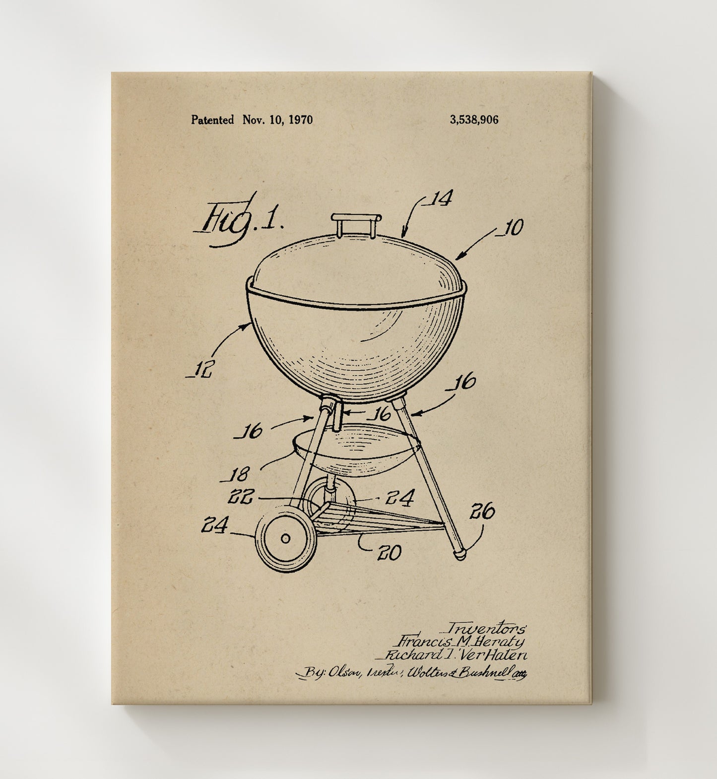 Patent Print - Kettle Grill - F.M. Henty And R.T. Verhalen - 1970 - Patent 3538906 Patent Wall Art