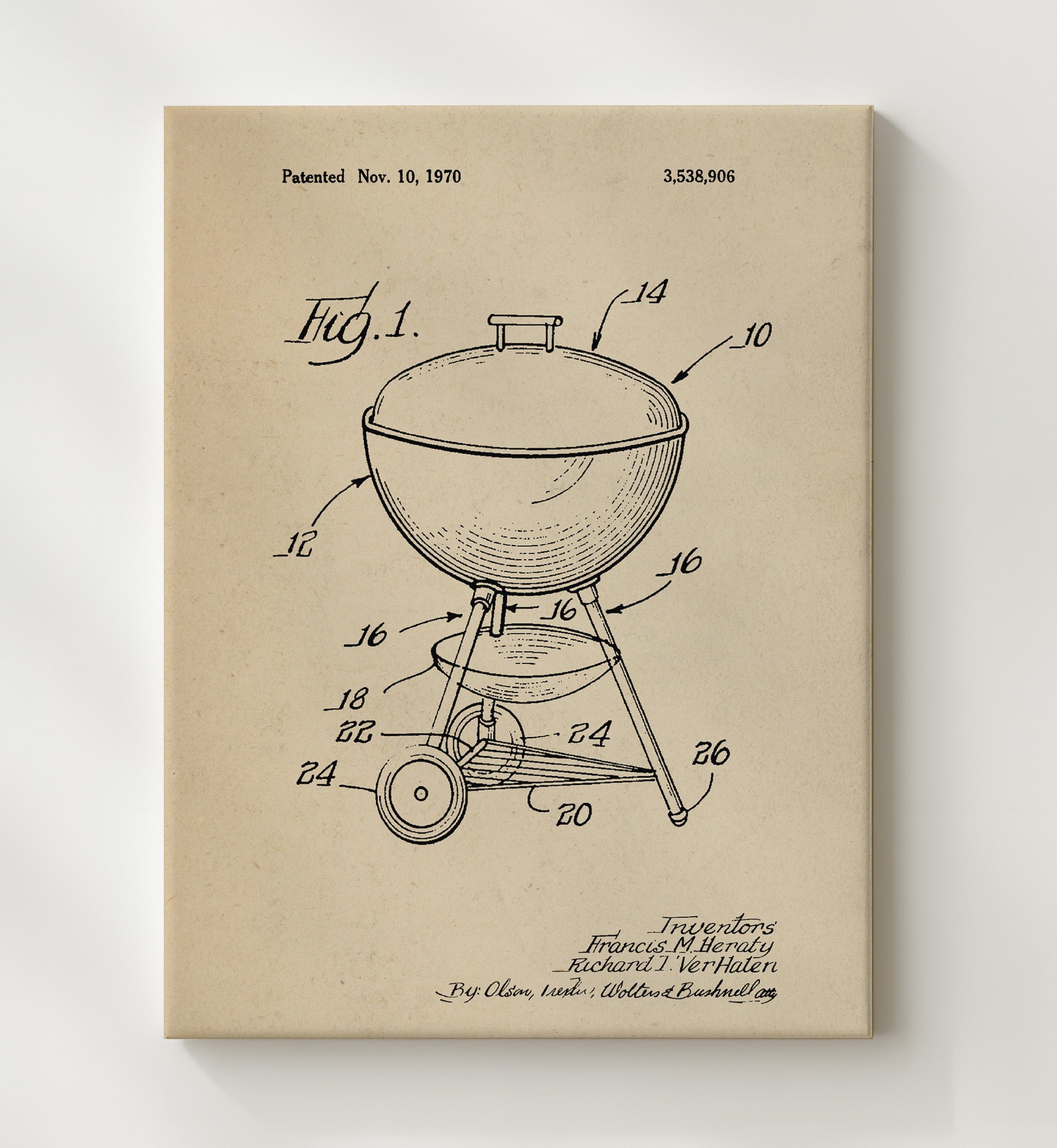 Patent Print - Kettle Grill - F.M. Henty And R.T. Verhalen - 1970 - Patent 3538906 Patent Wall Art
