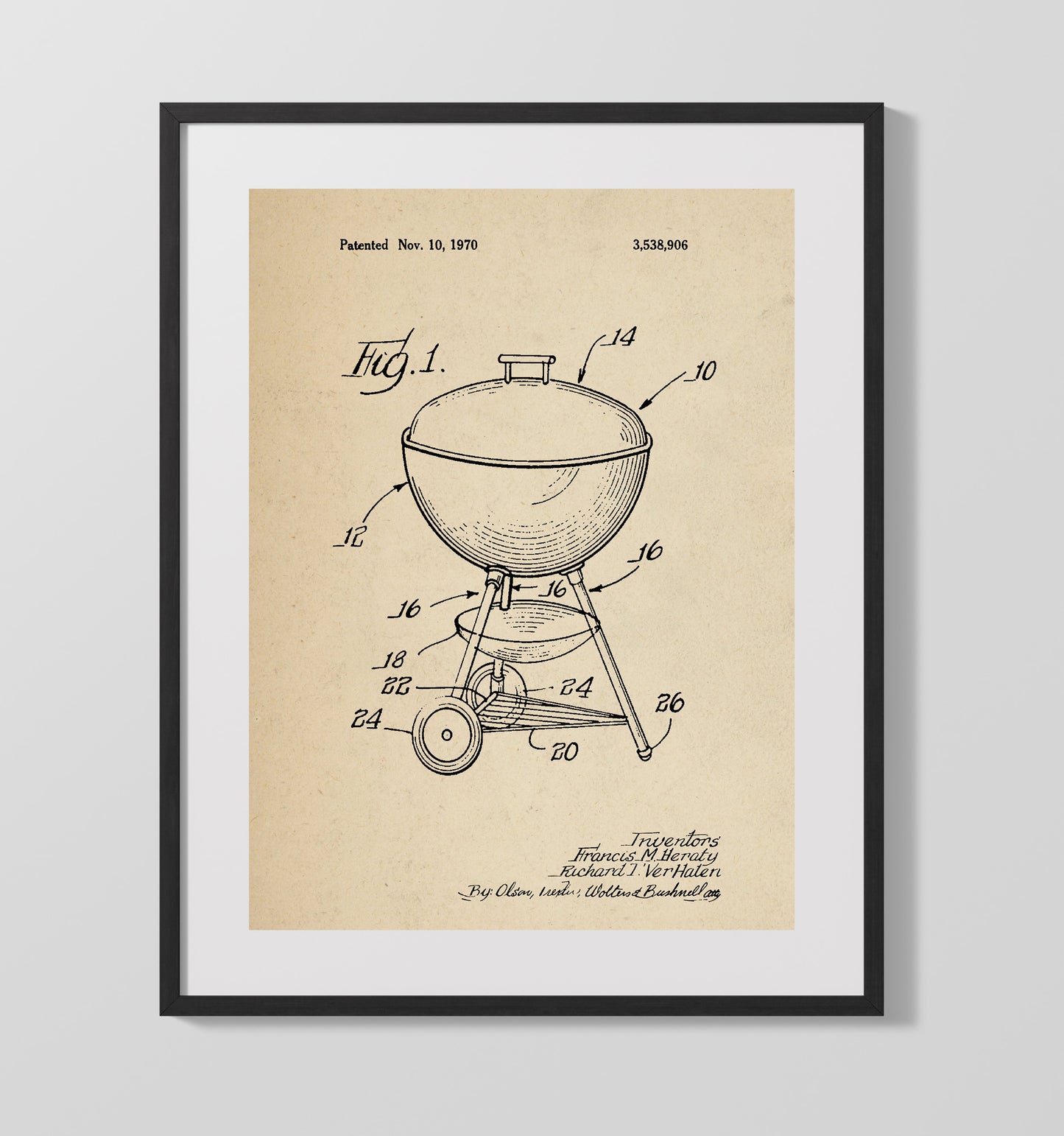 Patent Print - Kettle Grill - F.M. Henty And R.T. Verhalen - 1970 - Patent 3538906 Patent Wall Art