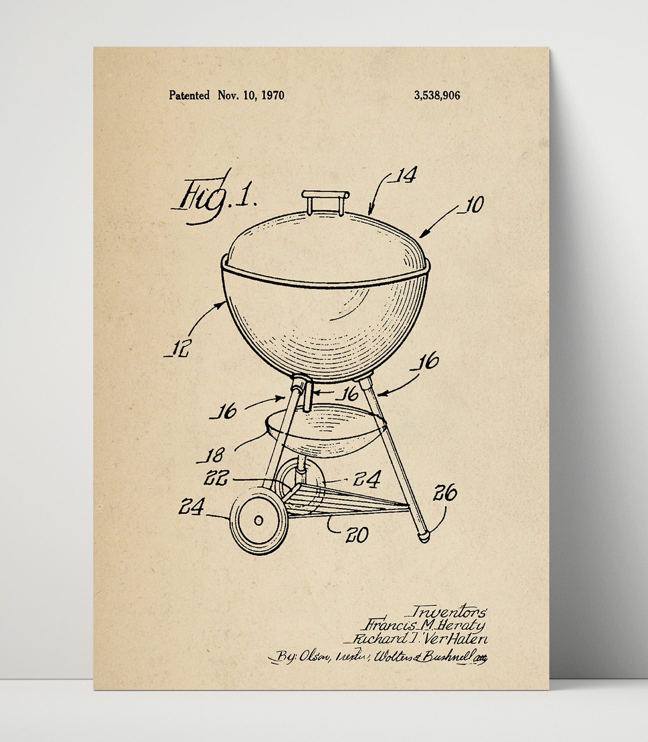 Patent Print - Kettle Grill - F.M. Henty And R.T. Verhalen - 1970 - Patent 3538906 Patent Wall Art