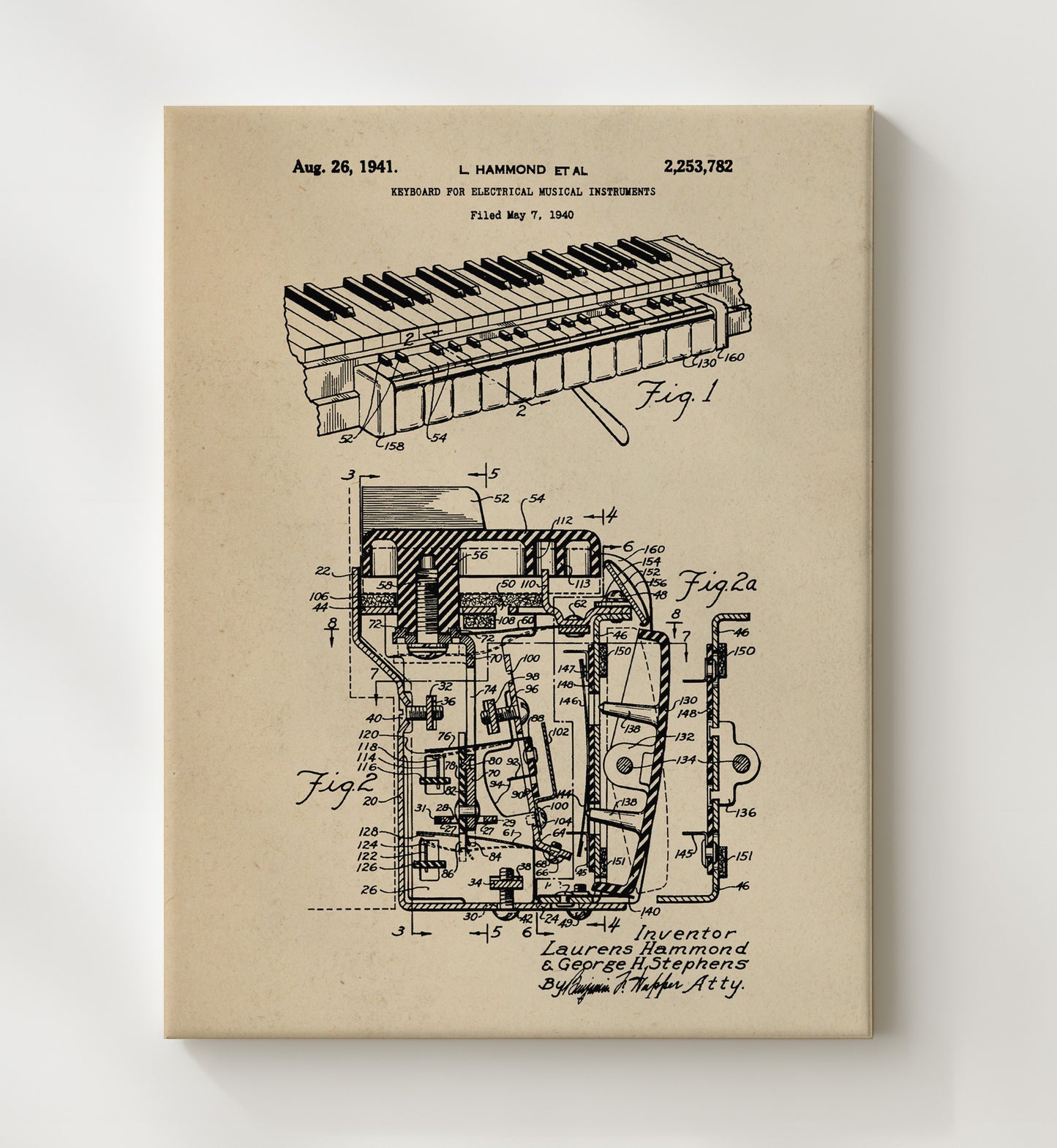 Patent Print - Keyboard For Electrical Musical Instruments - Laurens Hammond - 1941 - Patent 2253782 Patent Wall Art