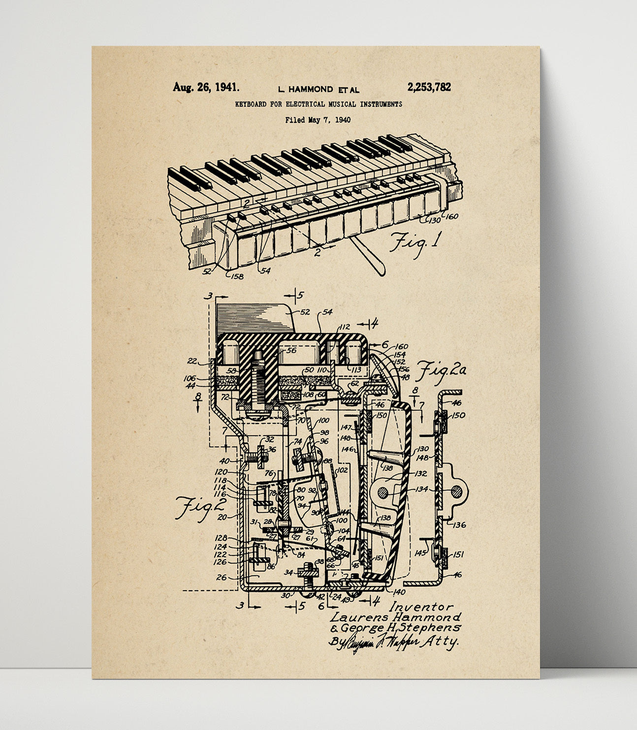 Patent Print - Keyboard For Electrical Musical Instruments - Laurens Hammond - 1941 - Patent 2253782 Patent Wall Art