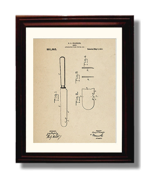 Patent Print - Knife - H.E. Chandler - 1911 - Patent 991953 Patent Wall Art