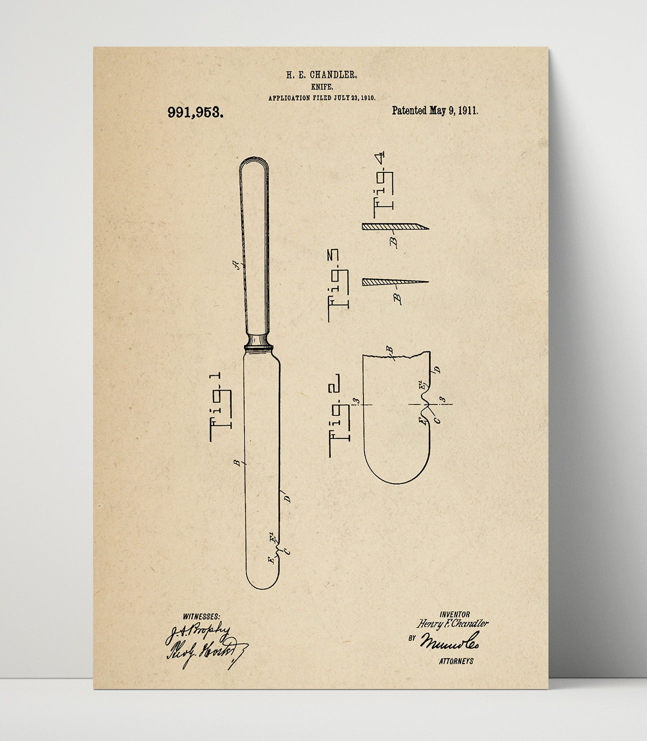 Patent Print - Knife - H.E. Chandler - 1911 - Patent 991953 Patent Wall Art