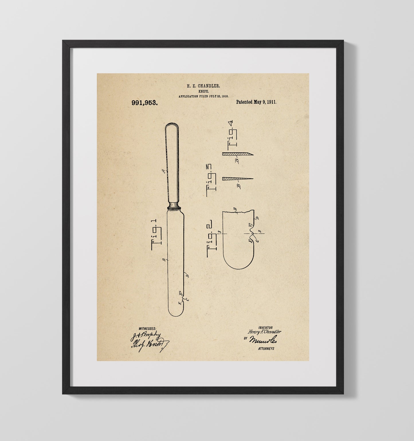 Patent Print - Knife - H.E. Chandler - 1911 - Patent 991953 Patent Wall Art