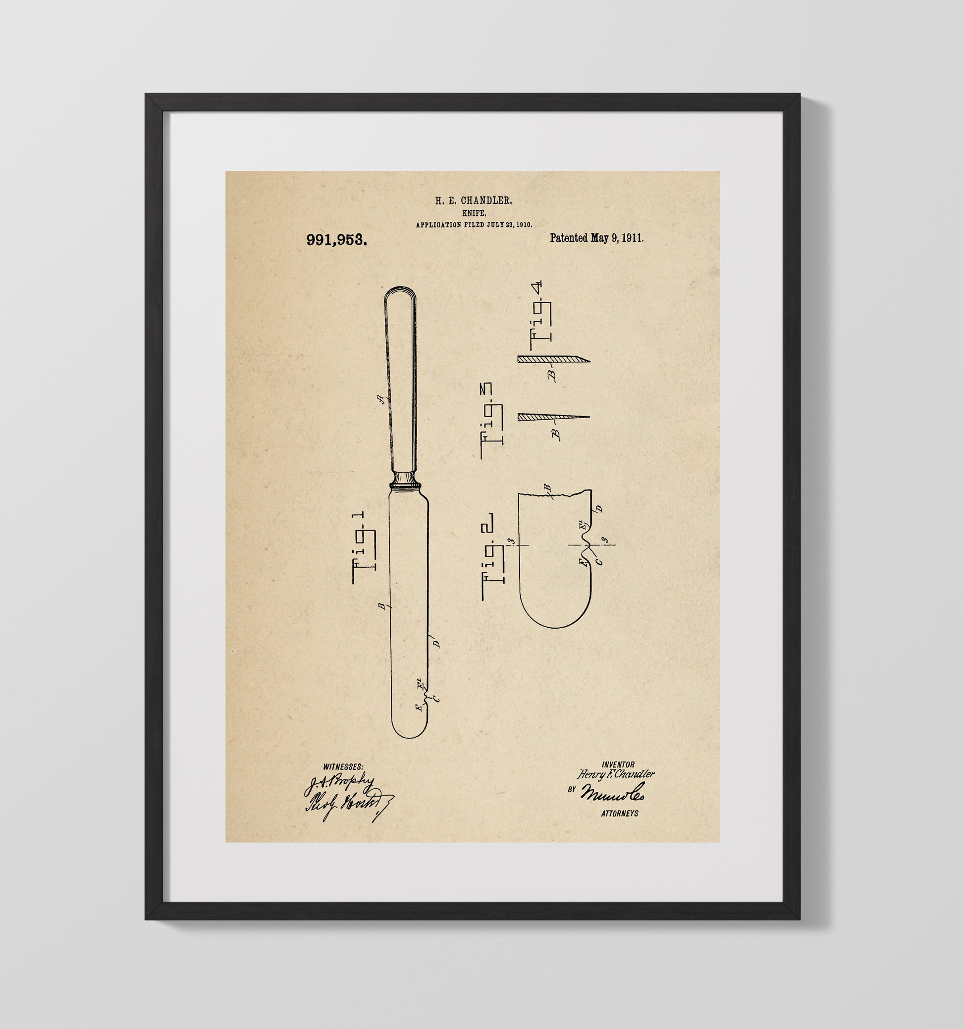 Patent Print - Knife - H.E. Chandler - 1911 - Patent 991953 Patent Wall Art