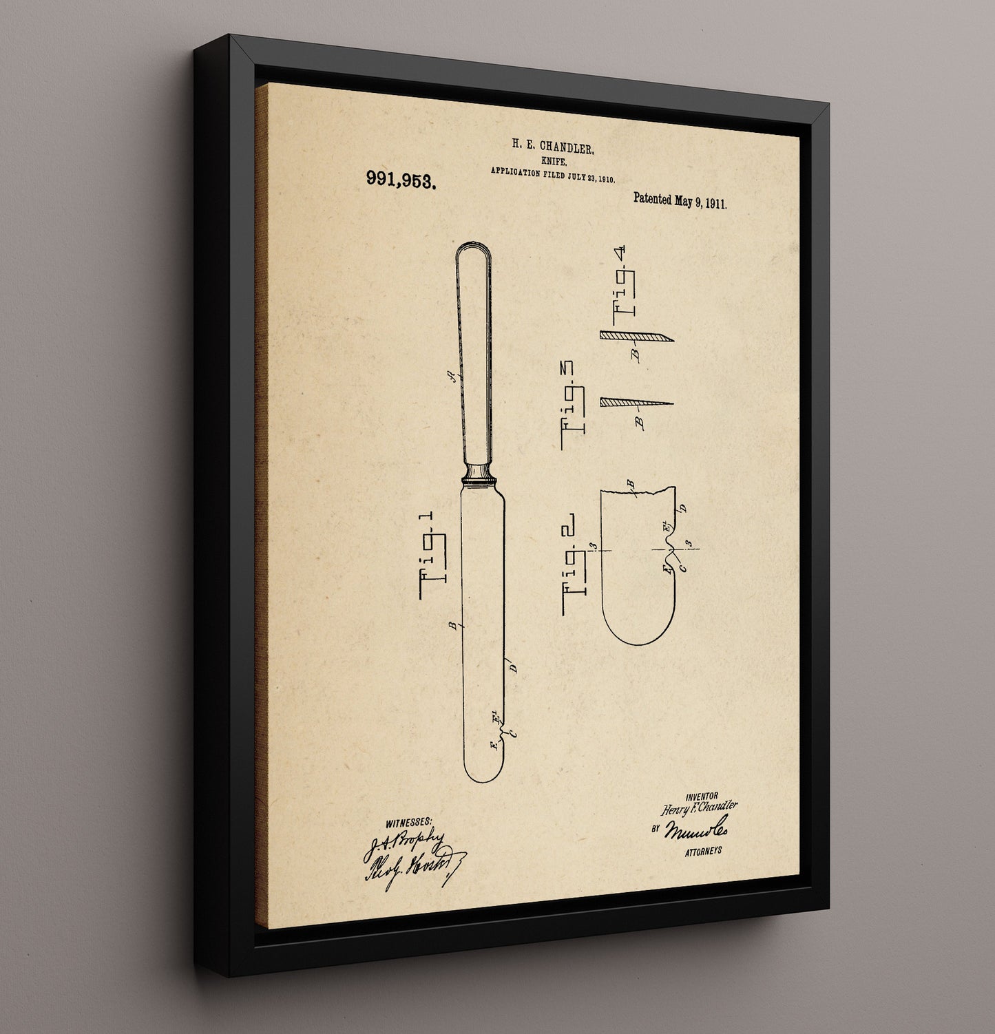 Patent Print - Knife - H.E. Chandler - 1911 - Patent 991953 Patent Wall Art