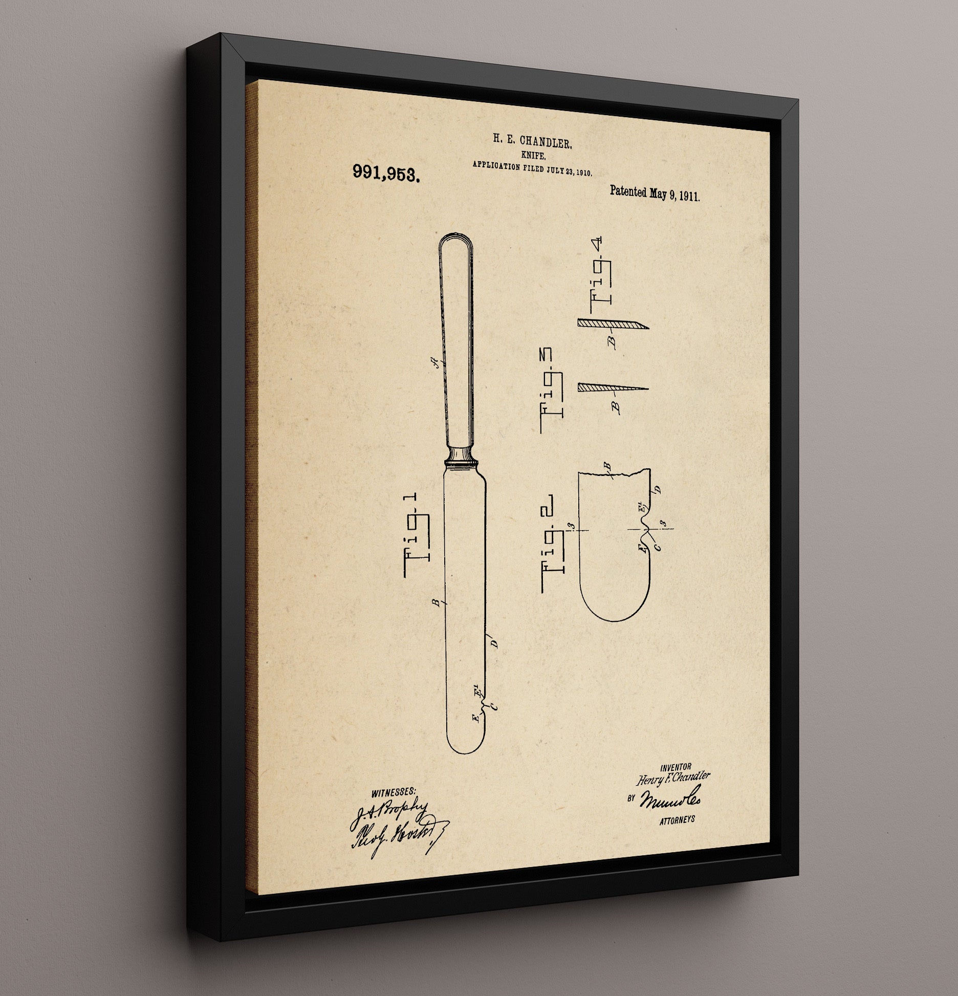 Patent Print - Knife - H.E. Chandler - 1911 - Patent 991953 Patent Wall Art