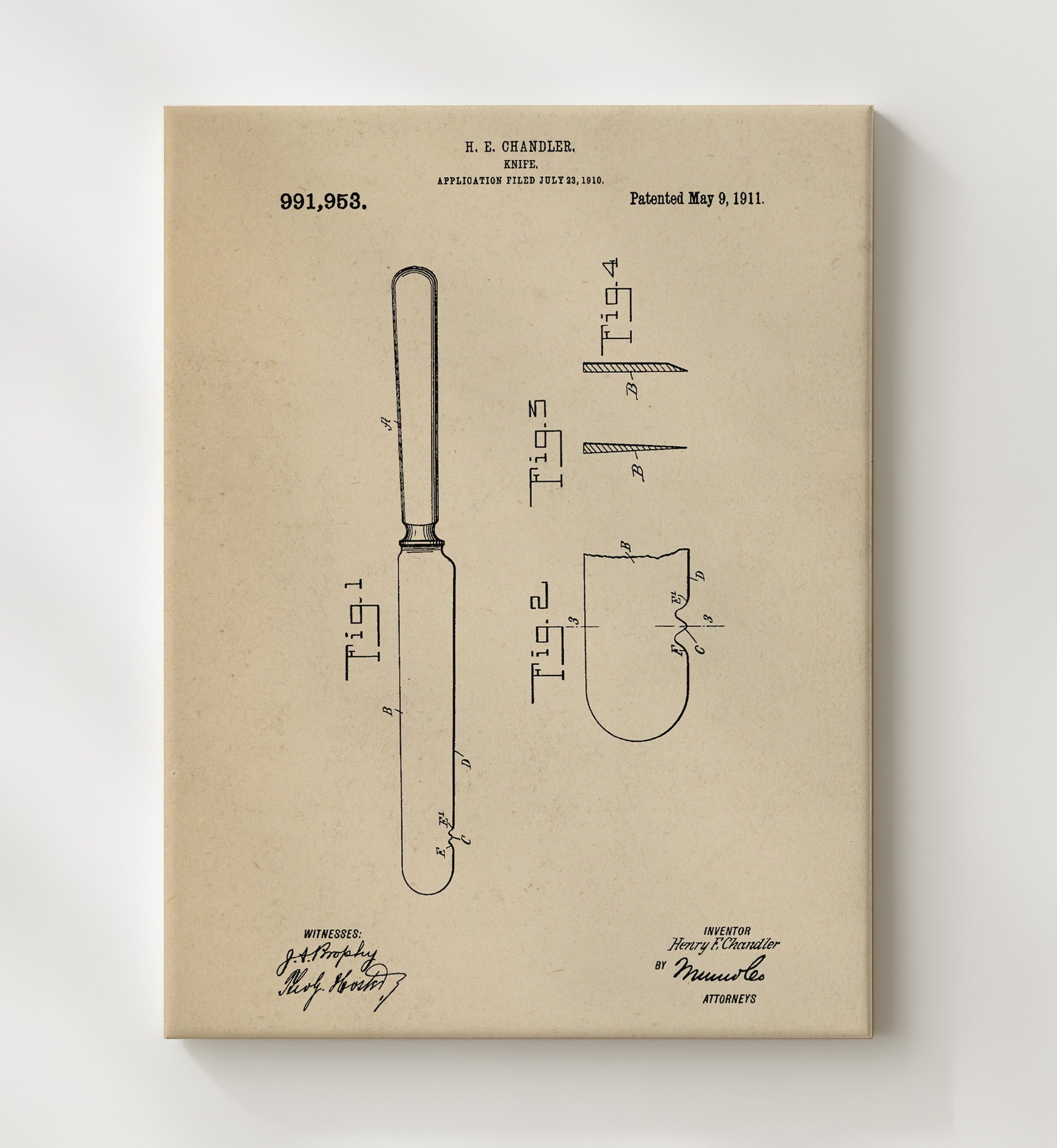 Patent Print - Knife - H.E. Chandler - 1911 - Patent 991953 Patent Wall Art