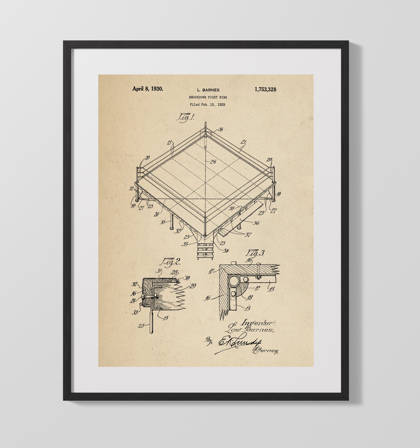 Patent Print - Knockdown Fight Ring - L Barnes - 1930 - Patent 1753328 Patent Wall Art