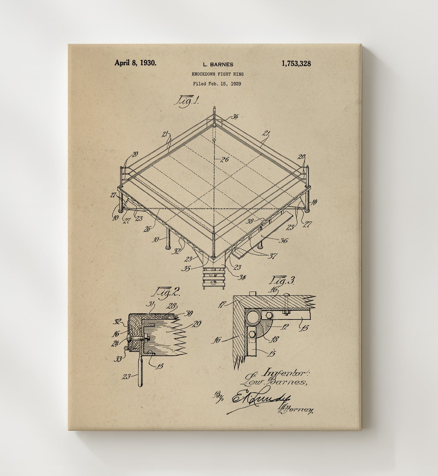 Patent Print - Knockdown Fight Ring - L Barnes - 1930 - Patent 1753328 Patent Wall Art