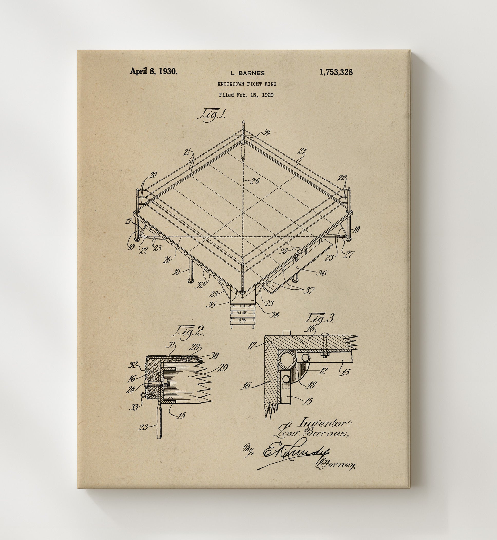 Patent Print - Knockdown Fight Ring - L Barnes - 1930 - Patent 1753328 Patent Wall Art