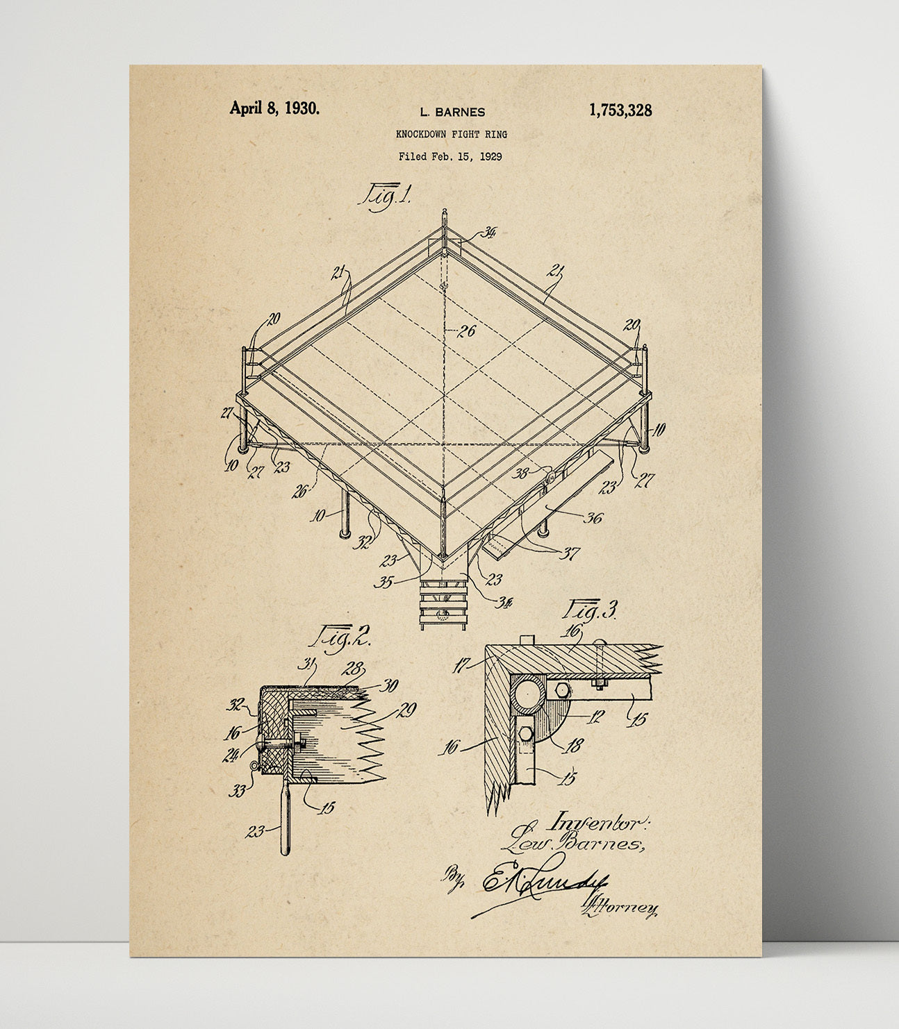 Patent Print - Knockdown Fight Ring - L Barnes - 1930 - Patent 1753328 Patent Wall Art