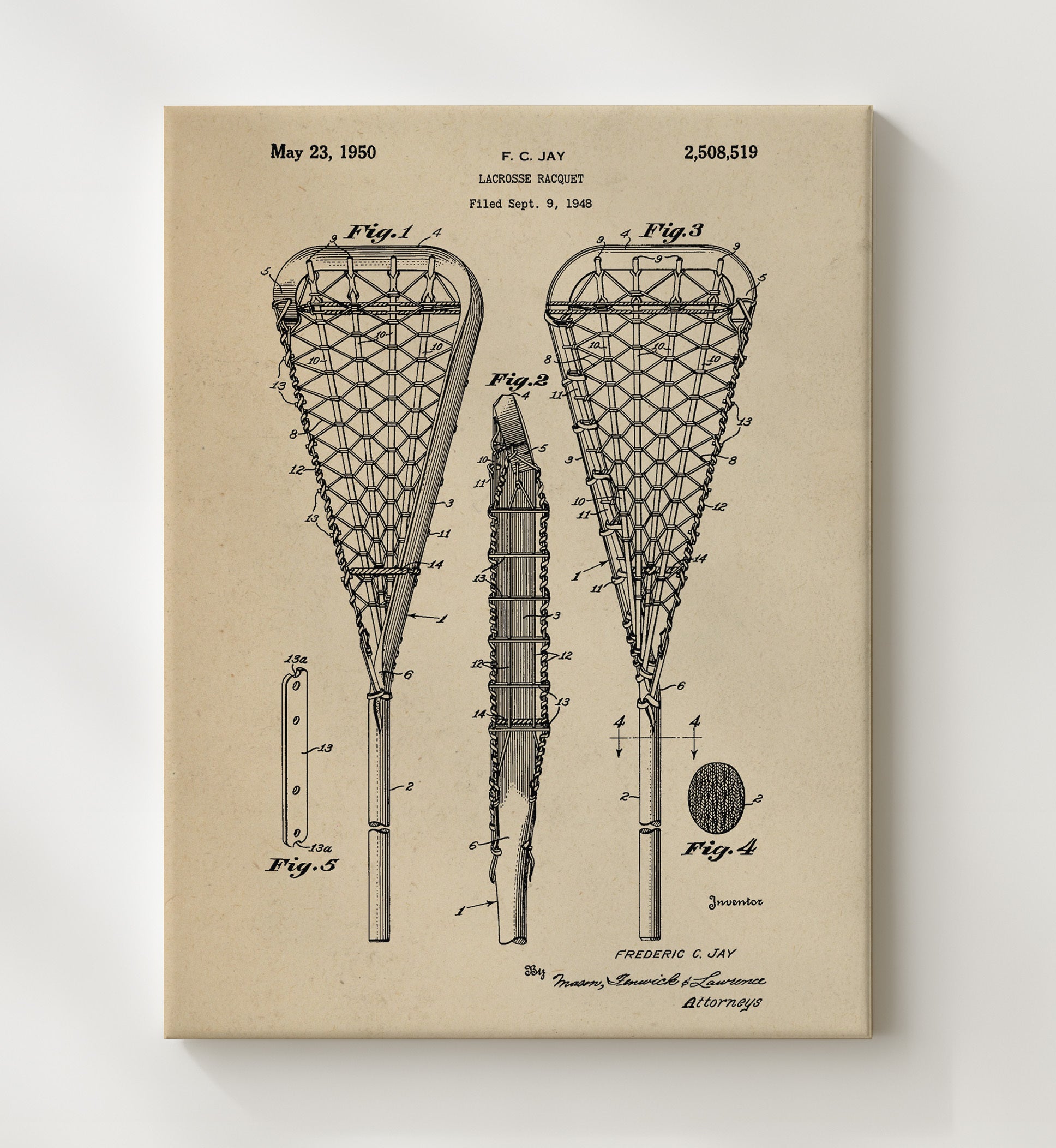Patent Print - Lacrosse Racquet - F C Jay - 1950 - Patent 2508519 Patent Wall Art