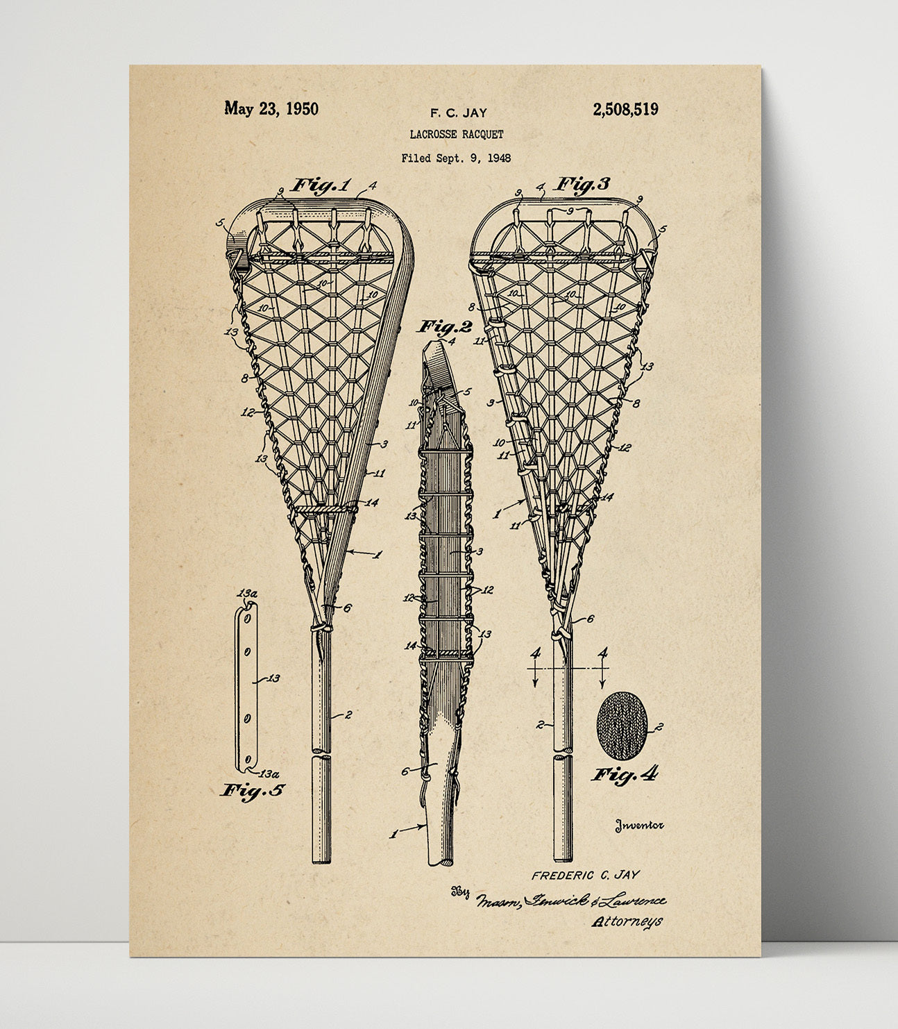 Patent Print - Lacrosse Racquet - F C Jay - 1950 - Patent 2508519 Patent Wall Art