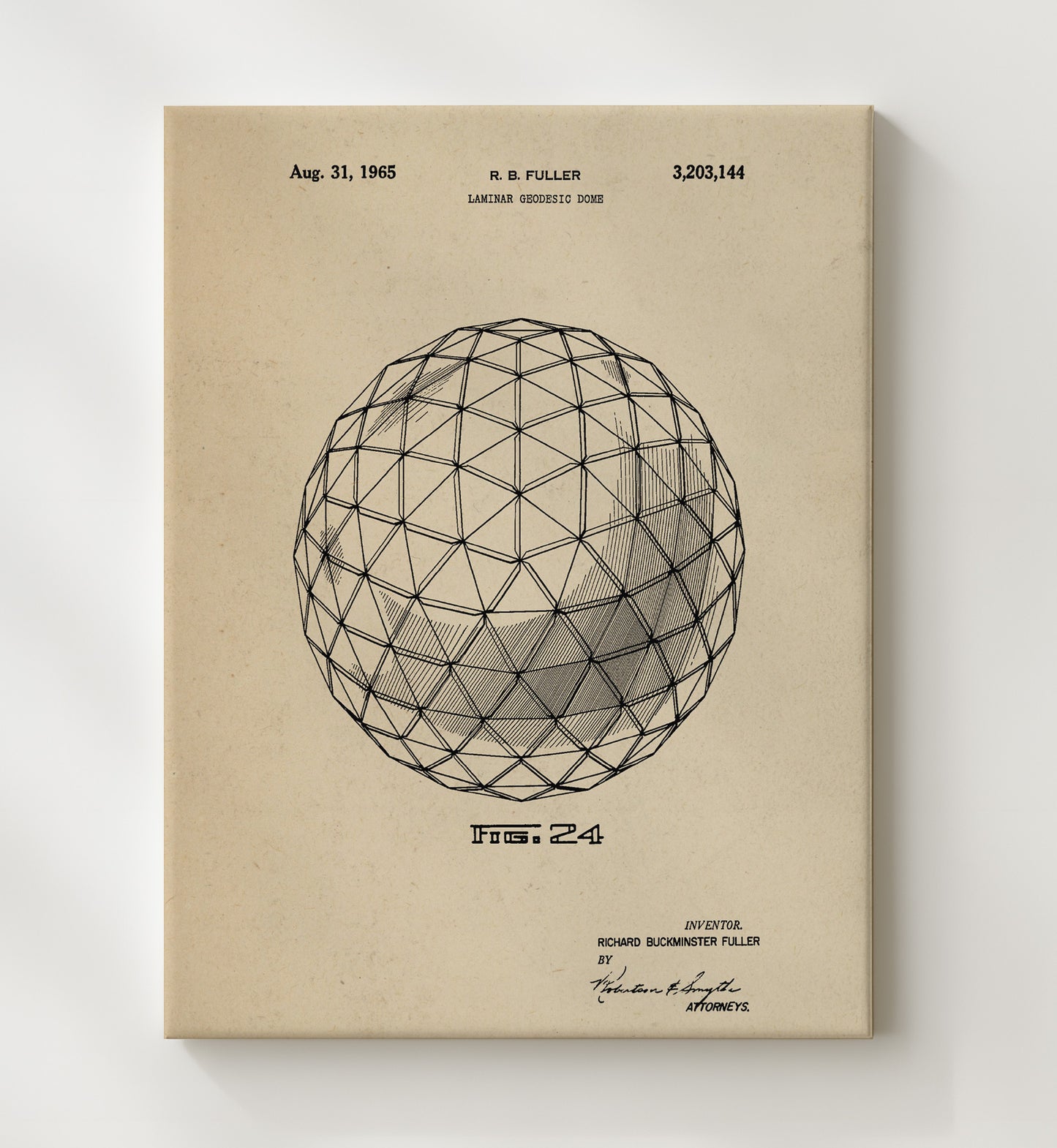 Patent Print - Laminar Geodesic Dome - Richard Buckminster Fuller - 1965 - Patent 3203144 Patent Wall Art
