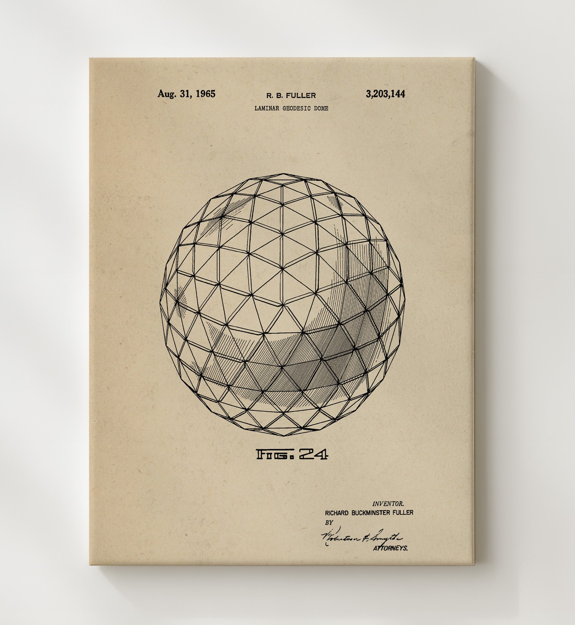 Patent Print - Laminar Geodesic Dome - Richard Buckminster Fuller - 1965 - Patent 3203144 Patent Wall Art
