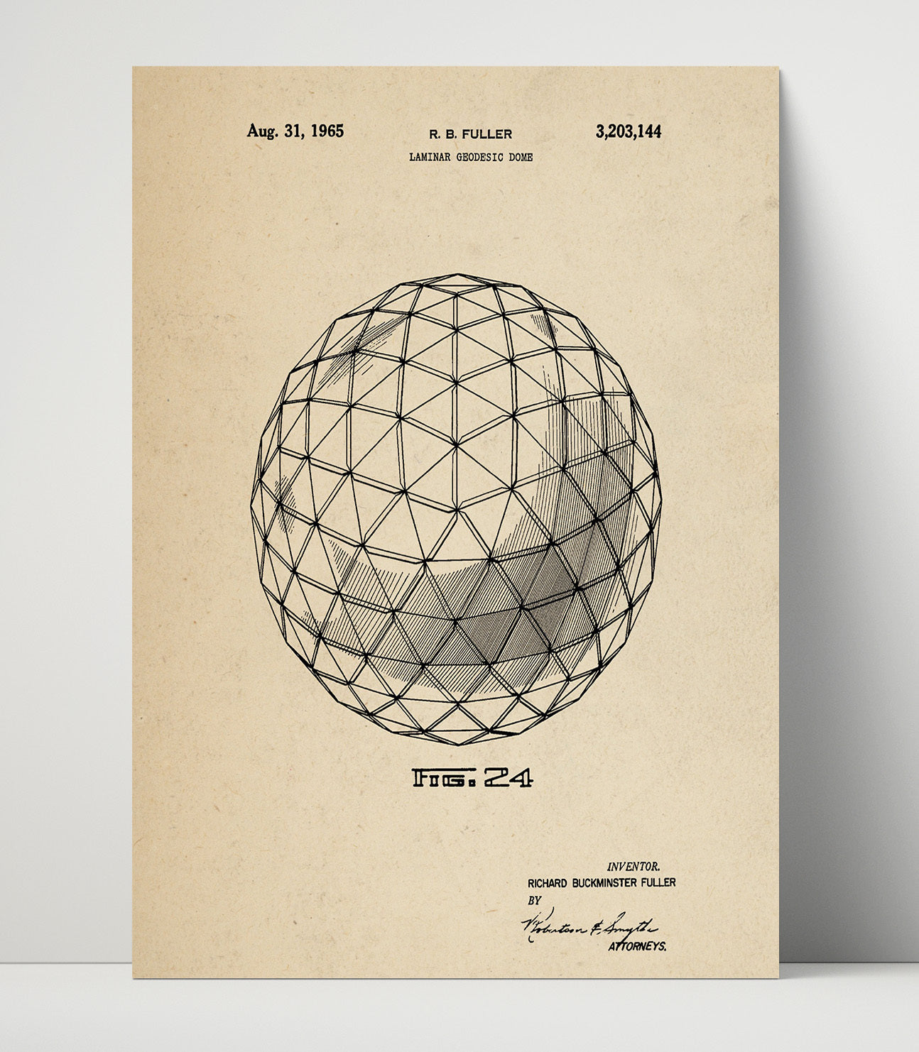 Patent Print - Laminar Geodesic Dome - Richard Buckminster Fuller - 1965 - Patent 3203144 Patent Wall Art