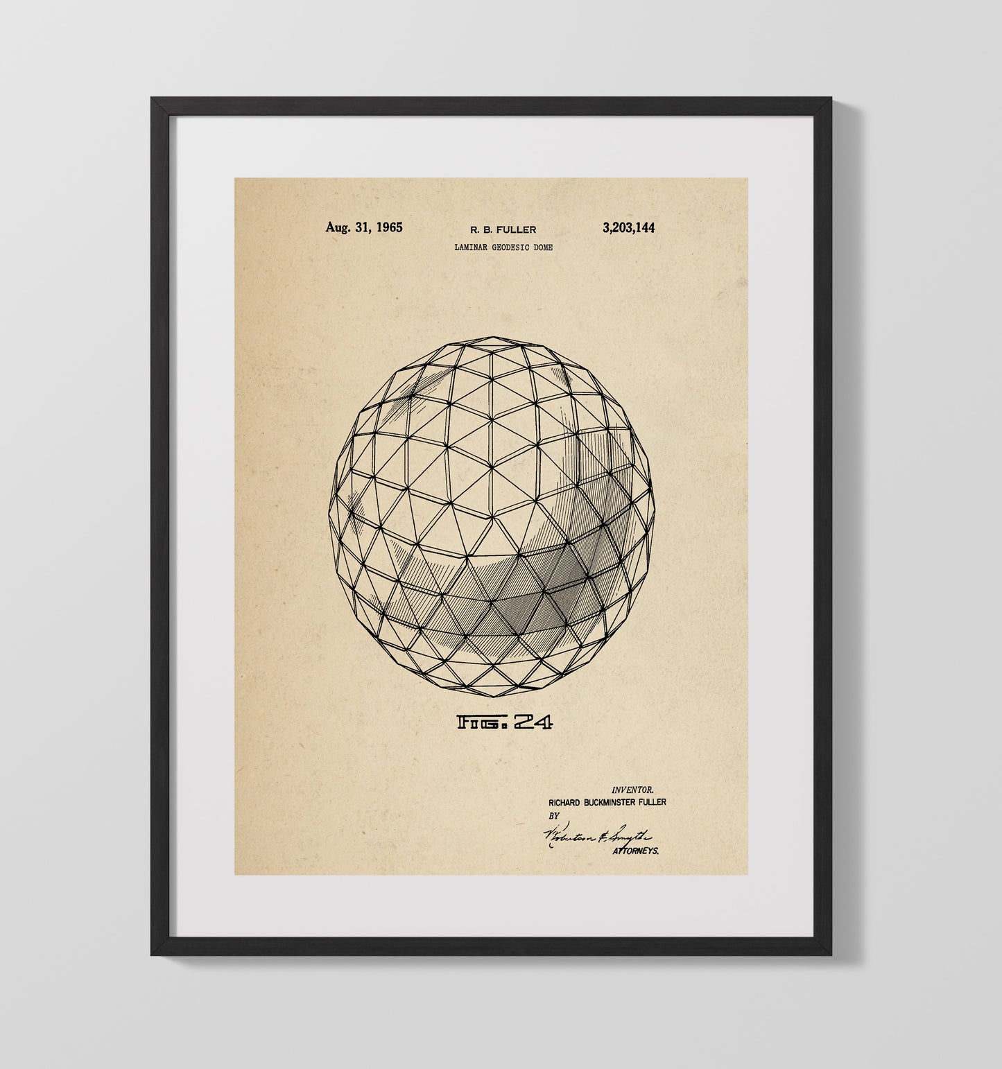 Patent Print - Laminar Geodesic Dome - Richard Buckminster Fuller - 1965 - Patent 3203144 Patent Wall Art