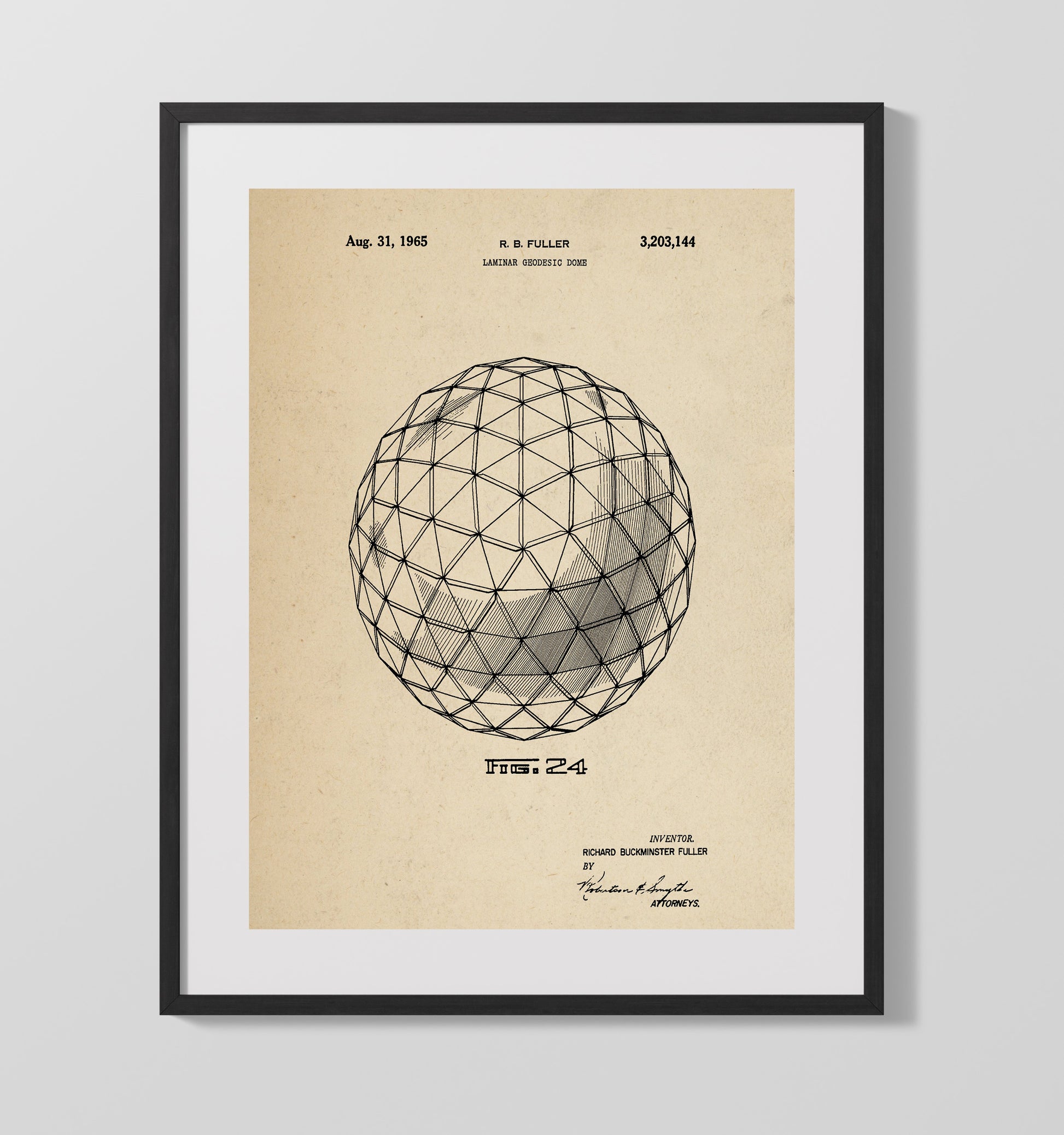 Patent Print - Laminar Geodesic Dome - Richard Buckminster Fuller - 1965 - Patent 3203144 Patent Wall Art