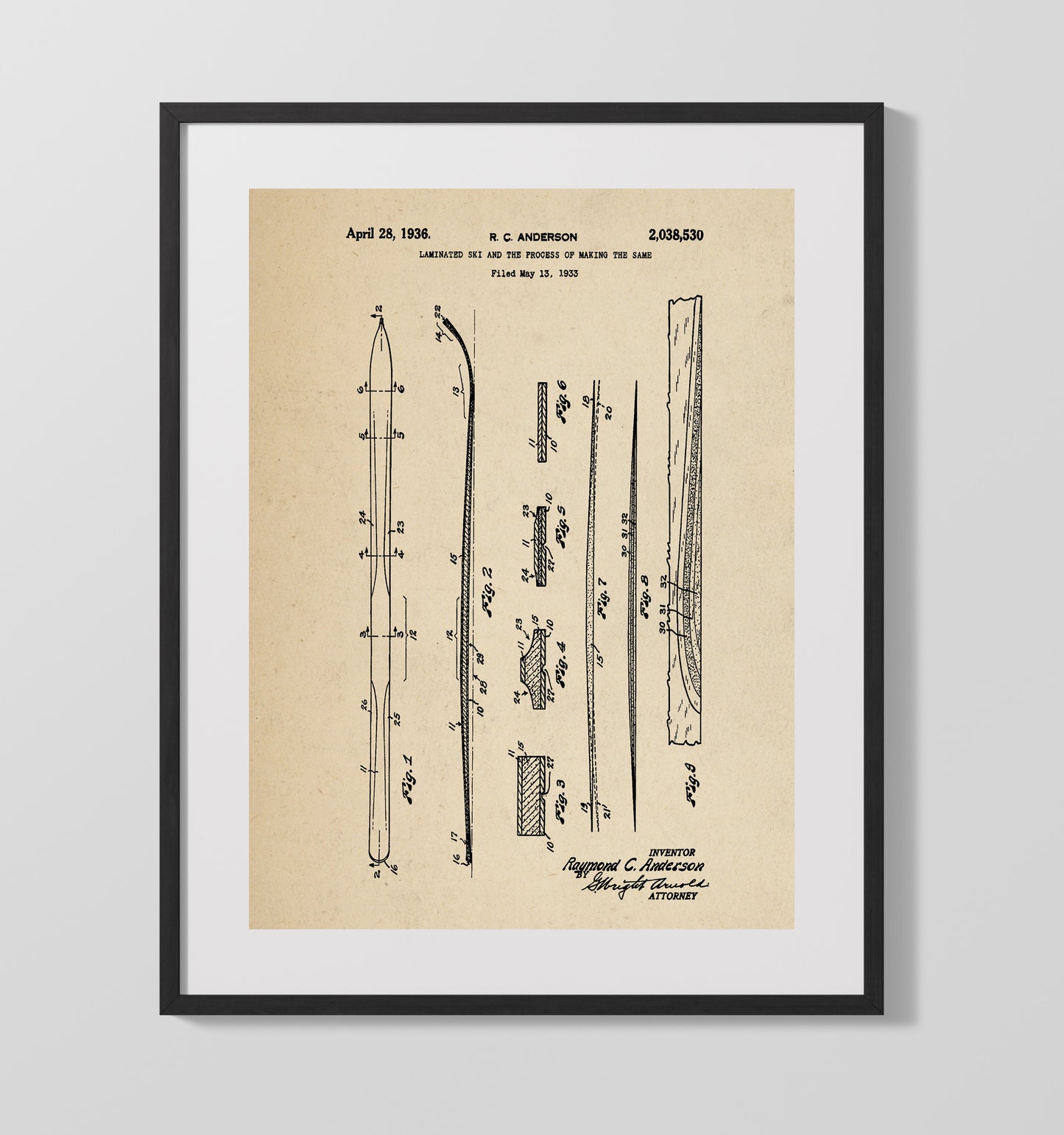 Patent Print - Laminated Ski - R C Anderson - 1936 - Patent 2038530 Patent Wall Art