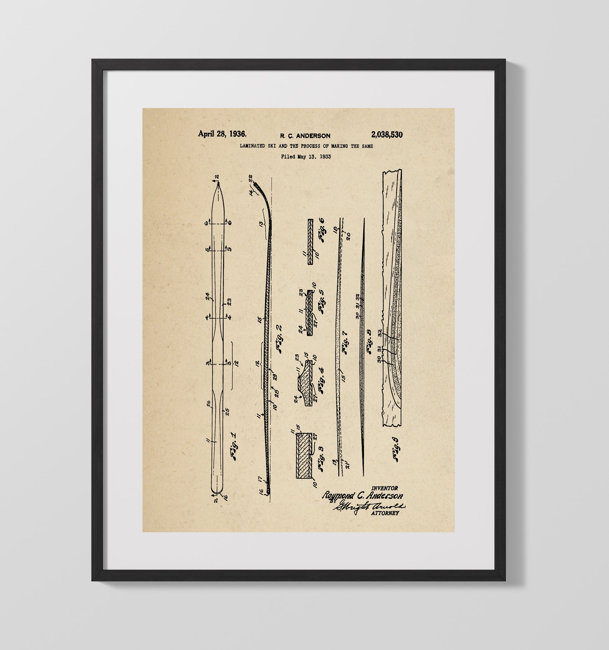 Patent Print - Laminated Ski - R C Anderson - 1936 - Patent 2038530 Patent Wall Art