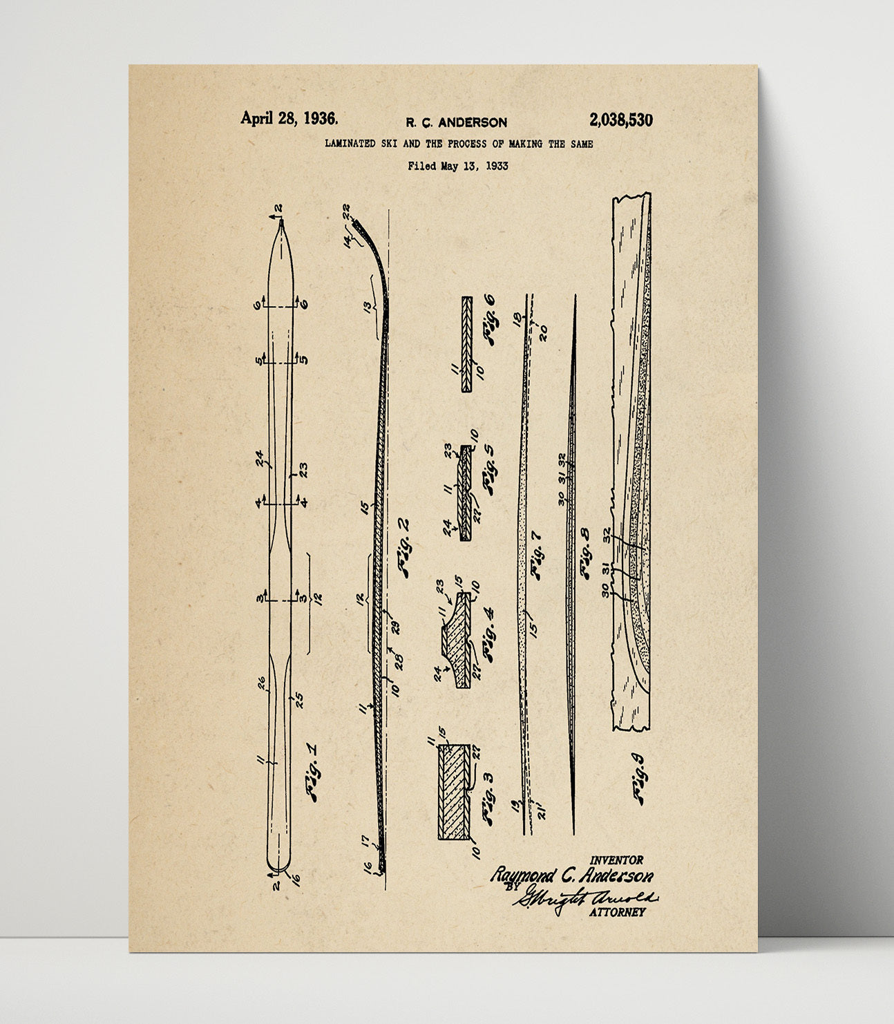 Patent Print - Laminated Ski - R C Anderson - 1936 - Patent 2038530 Patent Wall Art