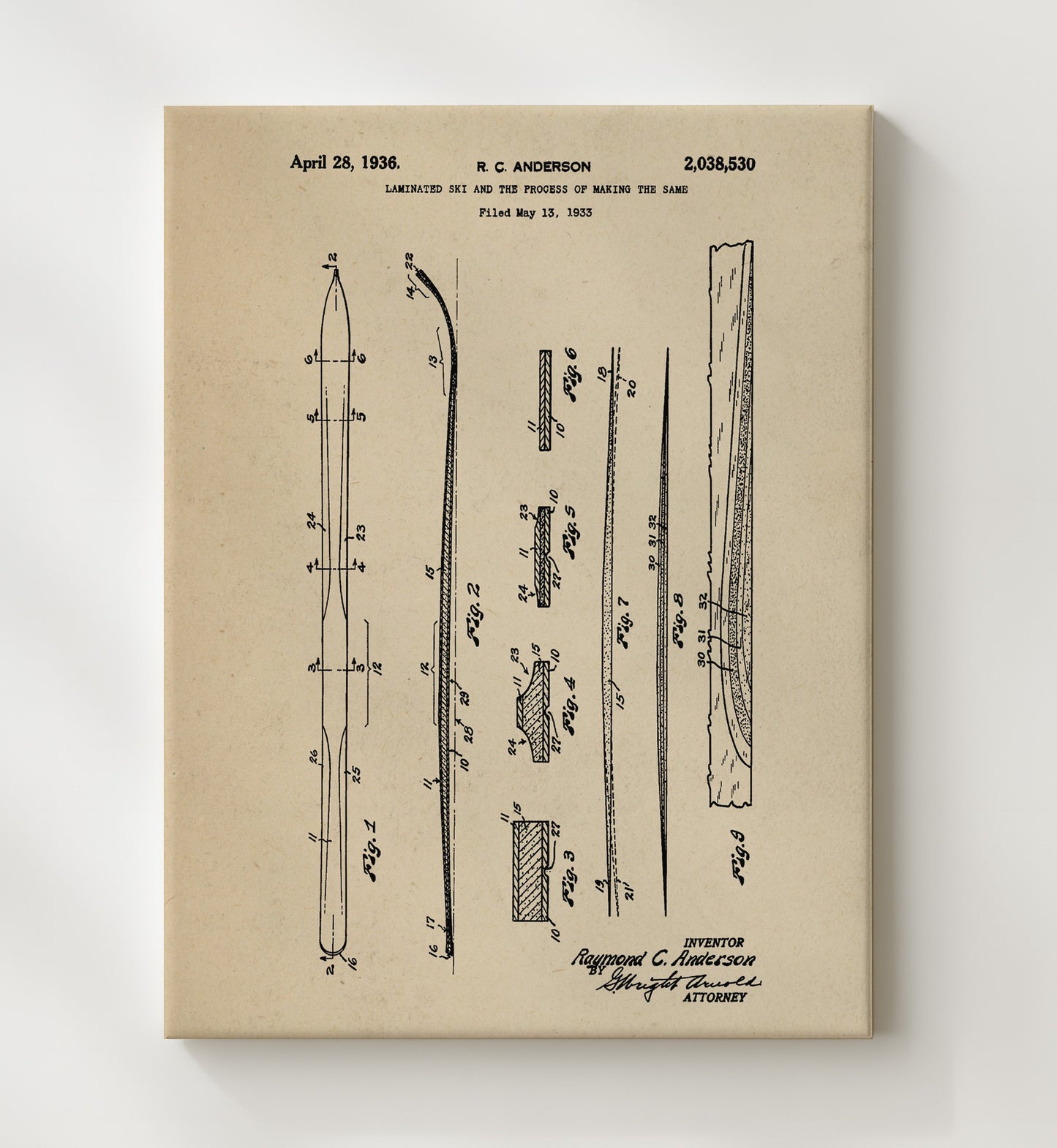 Patent Print - Laminated Ski - R C Anderson - 1936 - Patent 2038530 Patent Wall Art