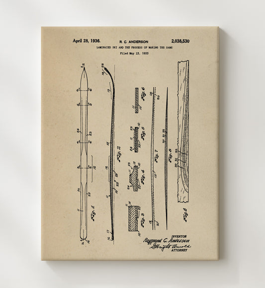 Laminated Ski 1936 patent print wall art 8x10 Canvas