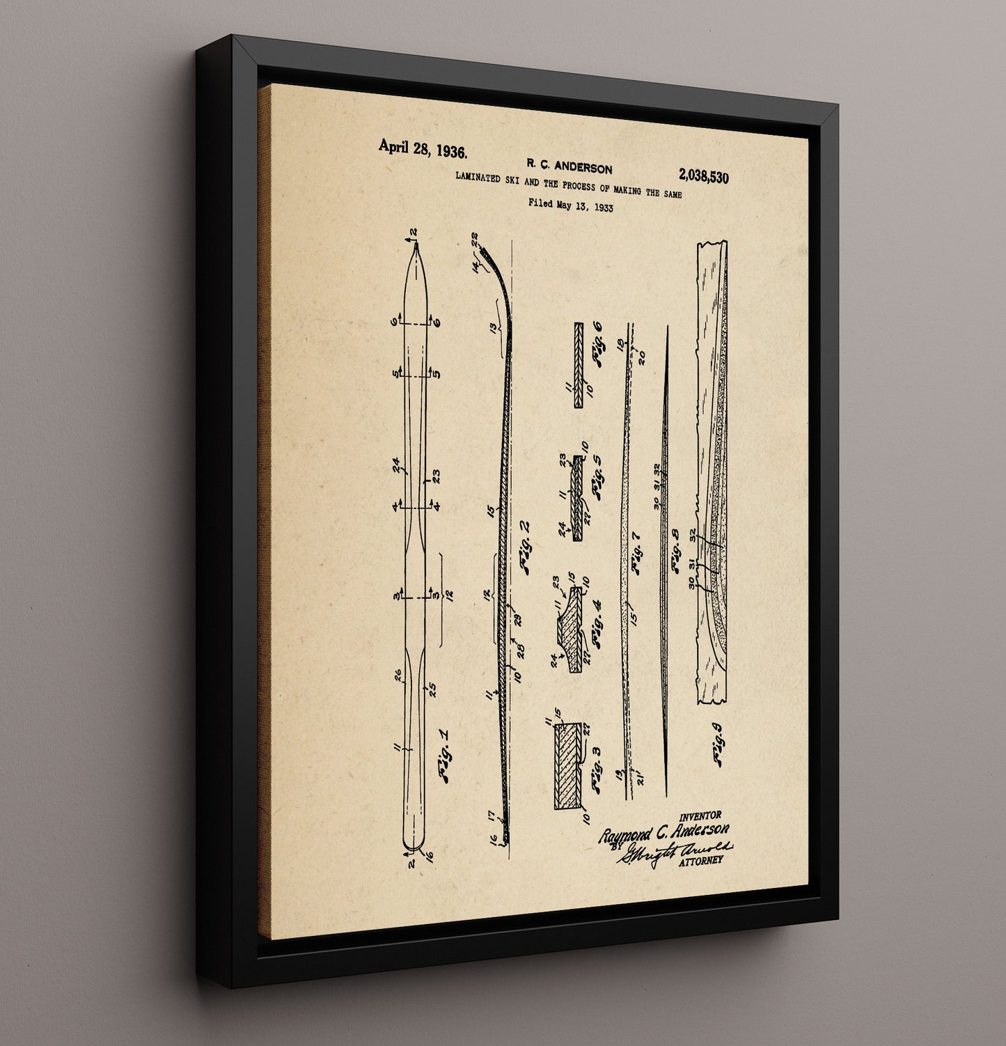 Patent Print - Laminated Ski - R C Anderson - 1936 - Patent 2038530 Patent Wall Art