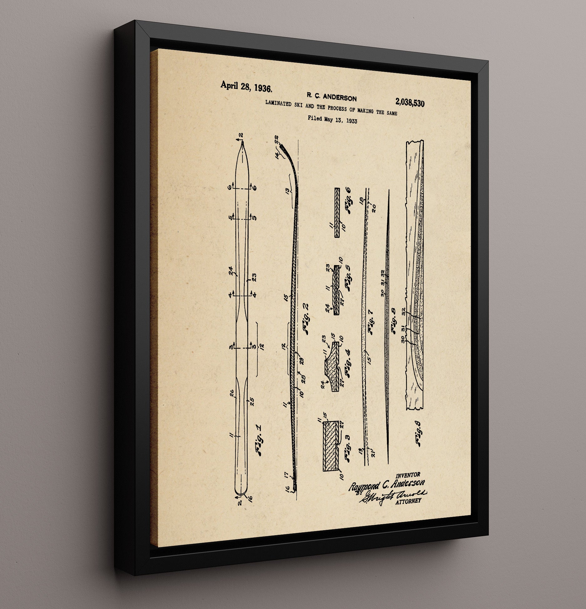 Patent Print - Laminated Ski - R C Anderson - 1936 - Patent 2038530 Patent Wall Art