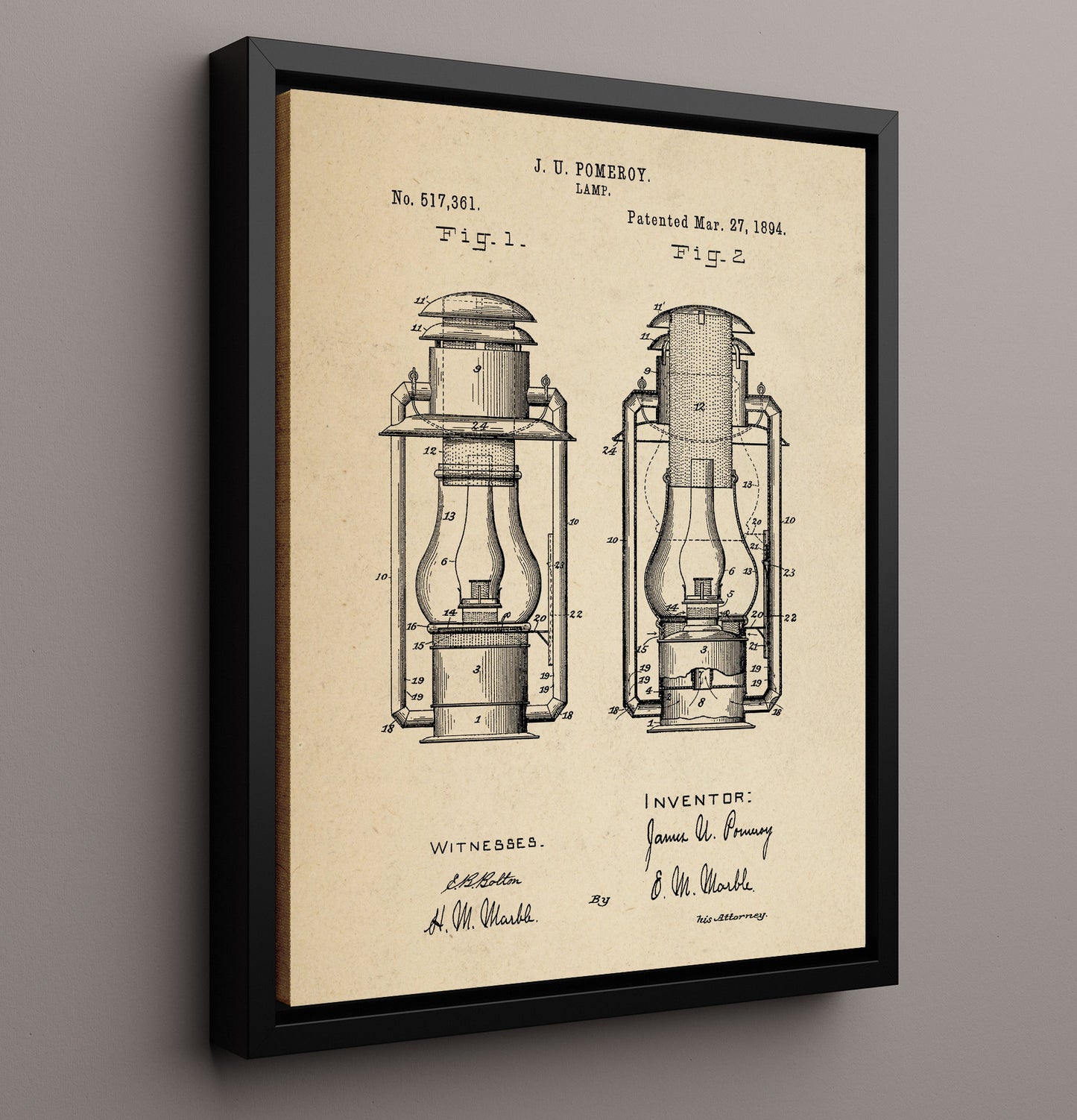 Patent Print - Lamp - J. U. Pomeroy - 1894 - Patent 517361 Patent Wall Art