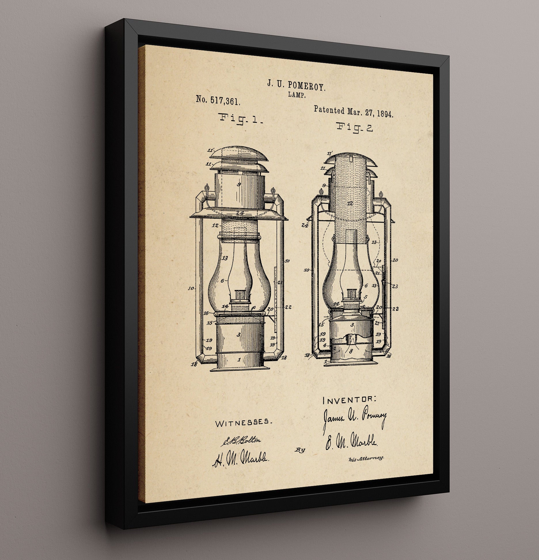 Patent Print - Lamp - J. U. Pomeroy - 1894 - Patent 517361 Patent Wall Art